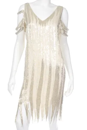 1920s Flapper Inspired Beaded Ivory & Silver Silk Evening Dress