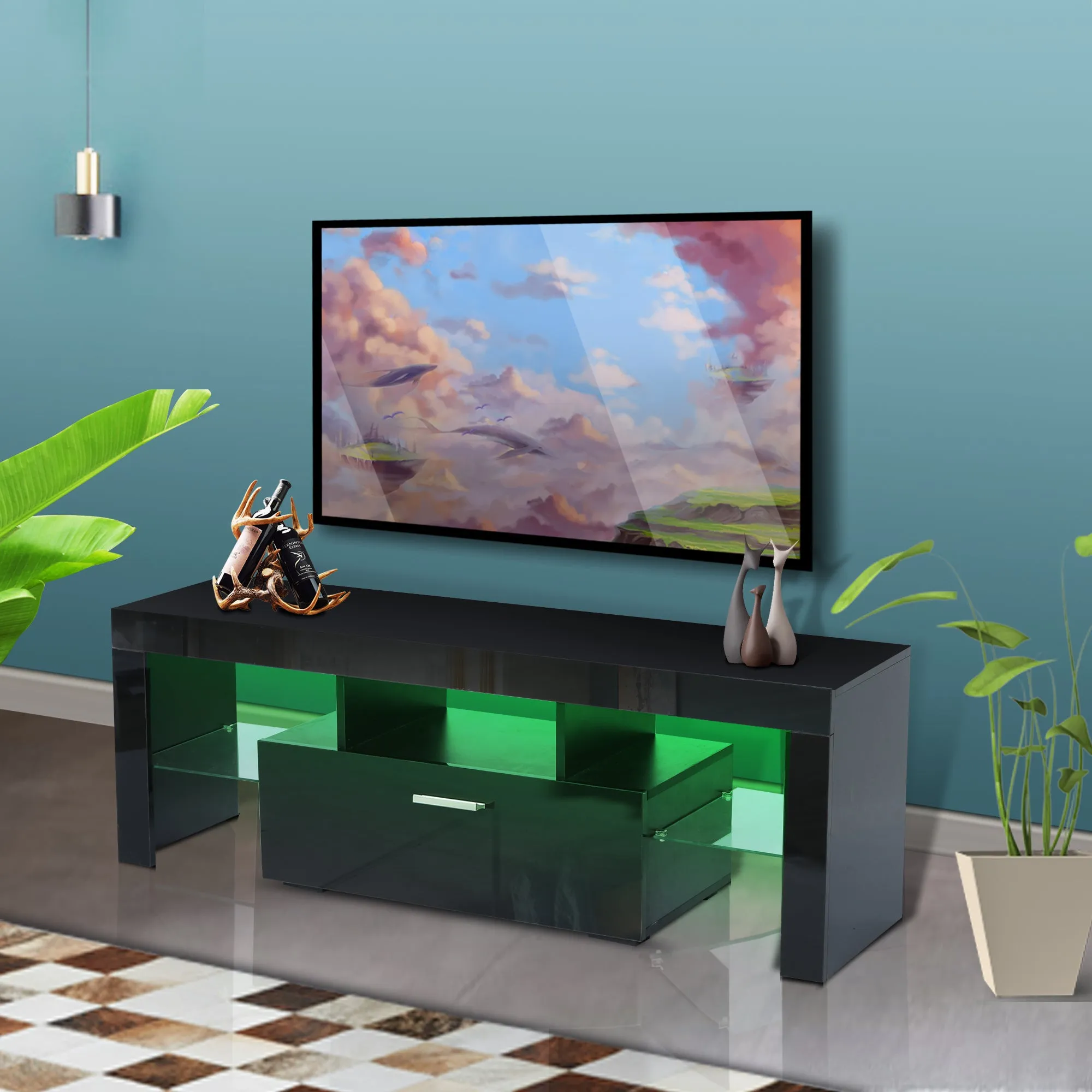 20 minutes quick assemble,Black morden TV Stand with LED Lights,high glossy front TV Cabinet,can be assembled in Lounge Room, Living Room or Bedroom,color:BLACK