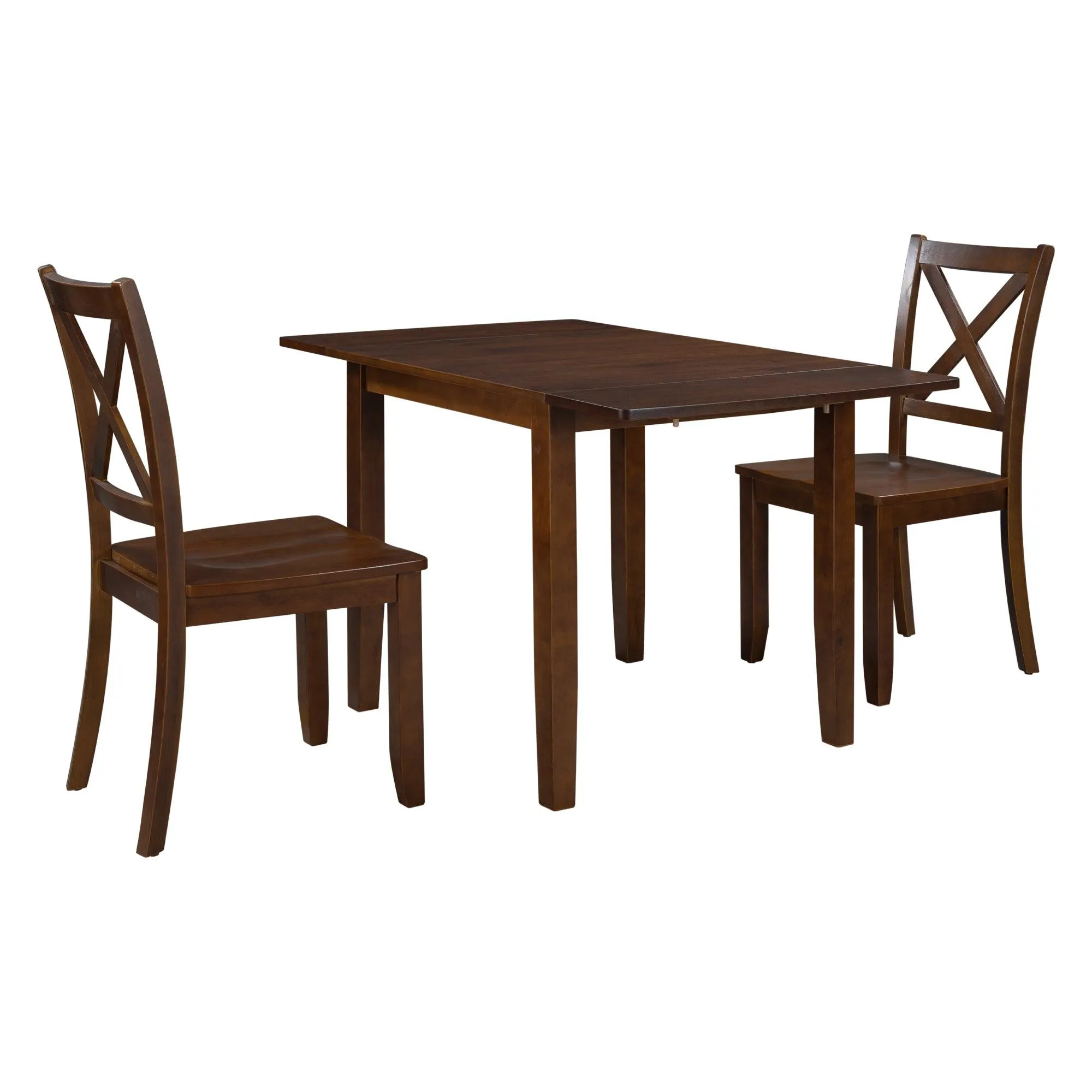 3-Piece Wood Drop Leaf Breakfast Nook Dining Table Set with 2 X-back Chairs for Small Places, Brown