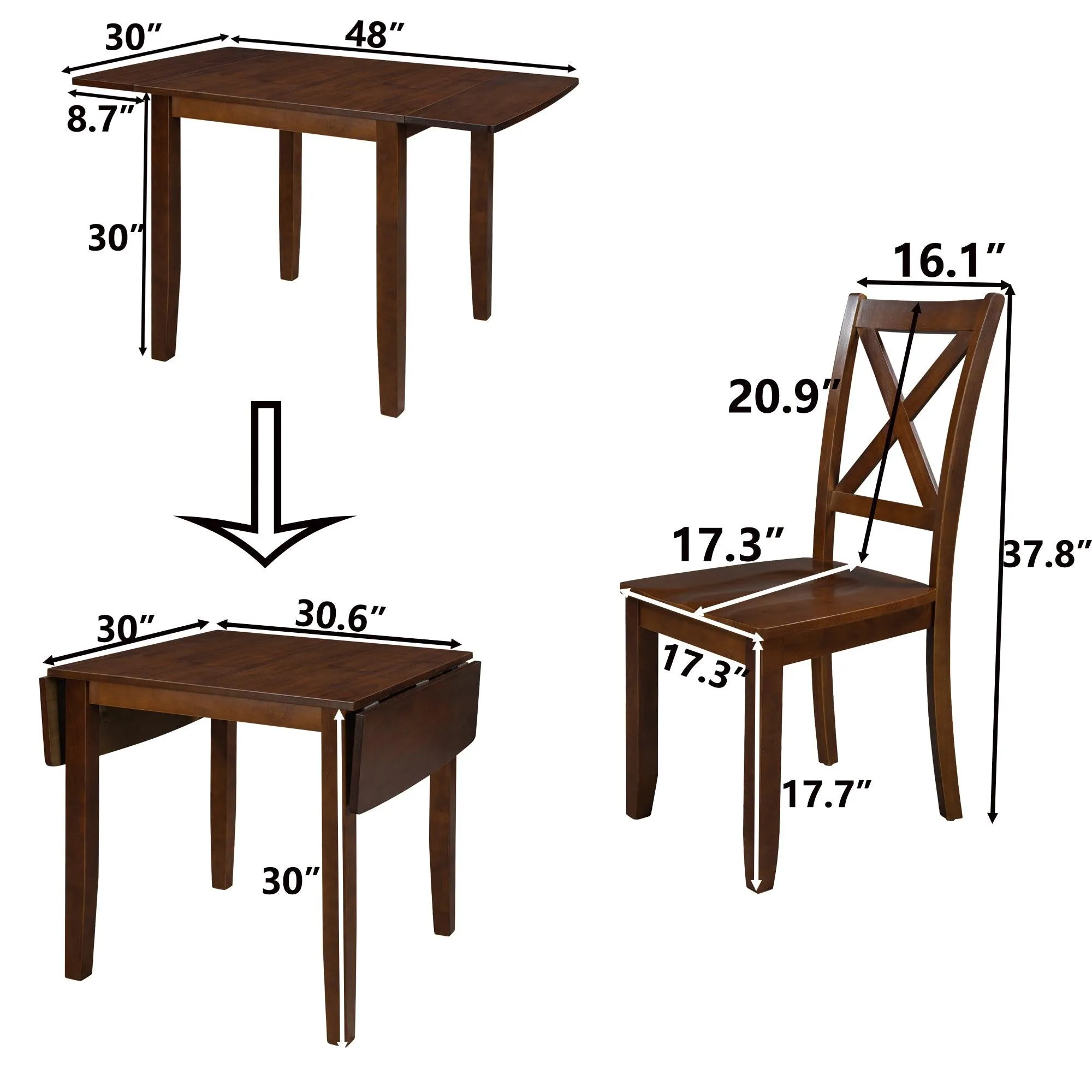 3-Piece Wood Drop Leaf Breakfast Nook Dining Table Set with 2 X-back Chairs for Small Places, Brown