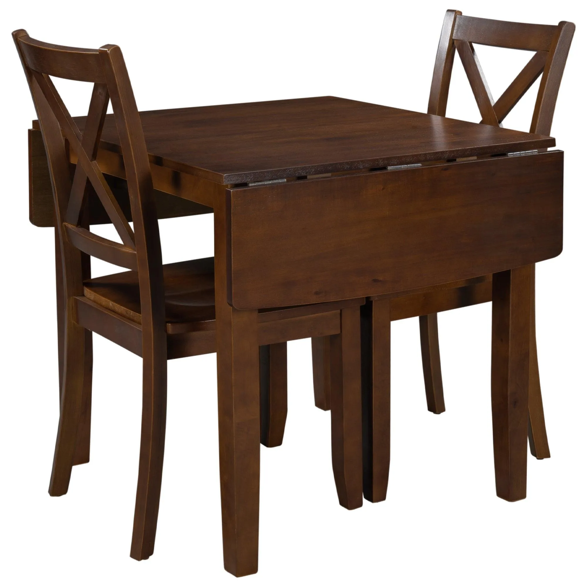 3-Piece Wood Drop Leaf Breakfast Nook Dining Table Set with 2 X-back Chairs for Small Places, Brown