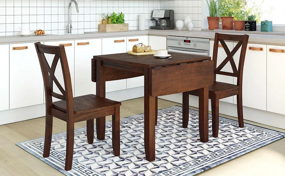 3-Piece Wood Drop Leaf Breakfast Nook Dining Table Set with 2 X-back Chairs for Small Places, Brown