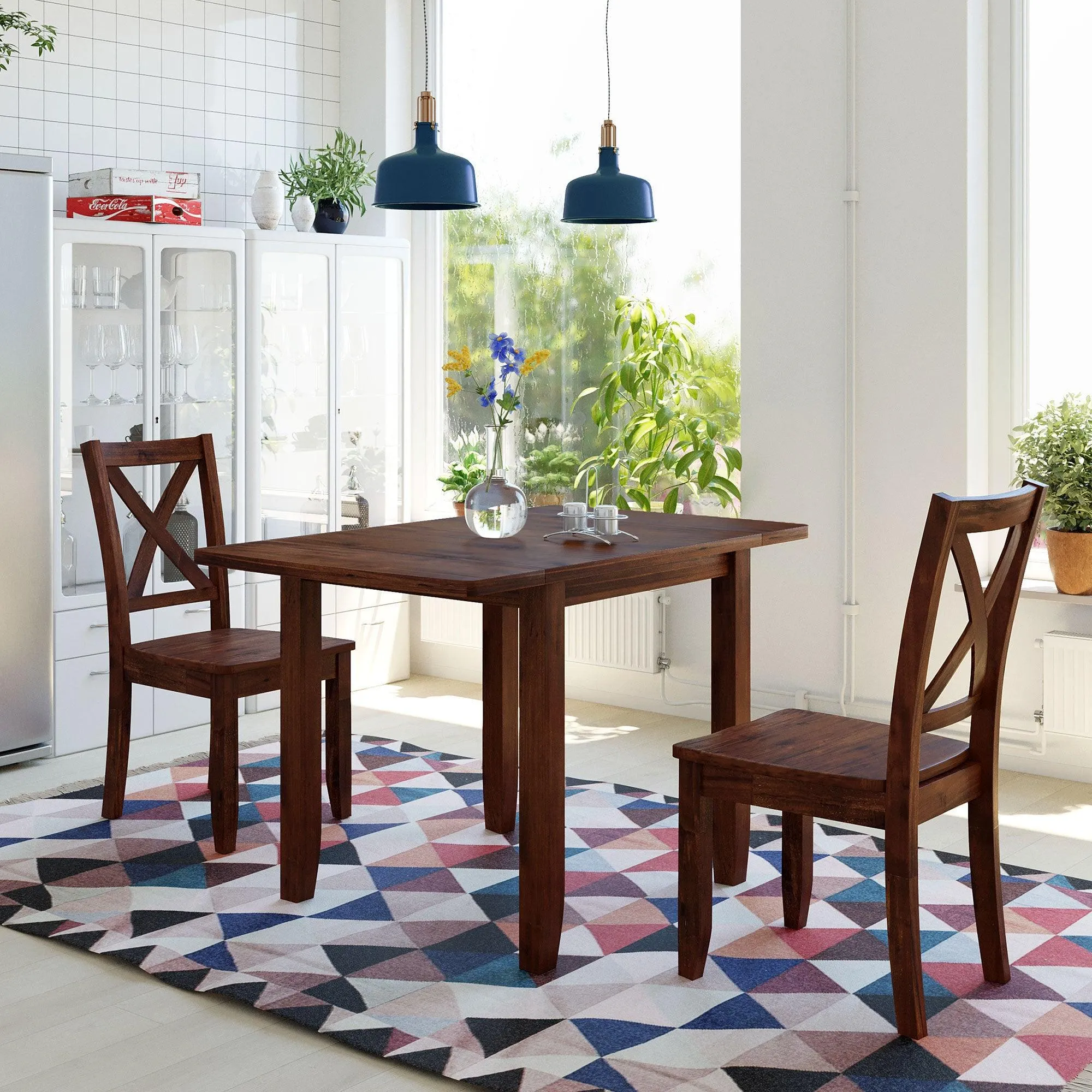 3-Piece Wood Drop Leaf Breakfast Nook Dining Table Set with 2 X-back Chairs for Small Places, Brown