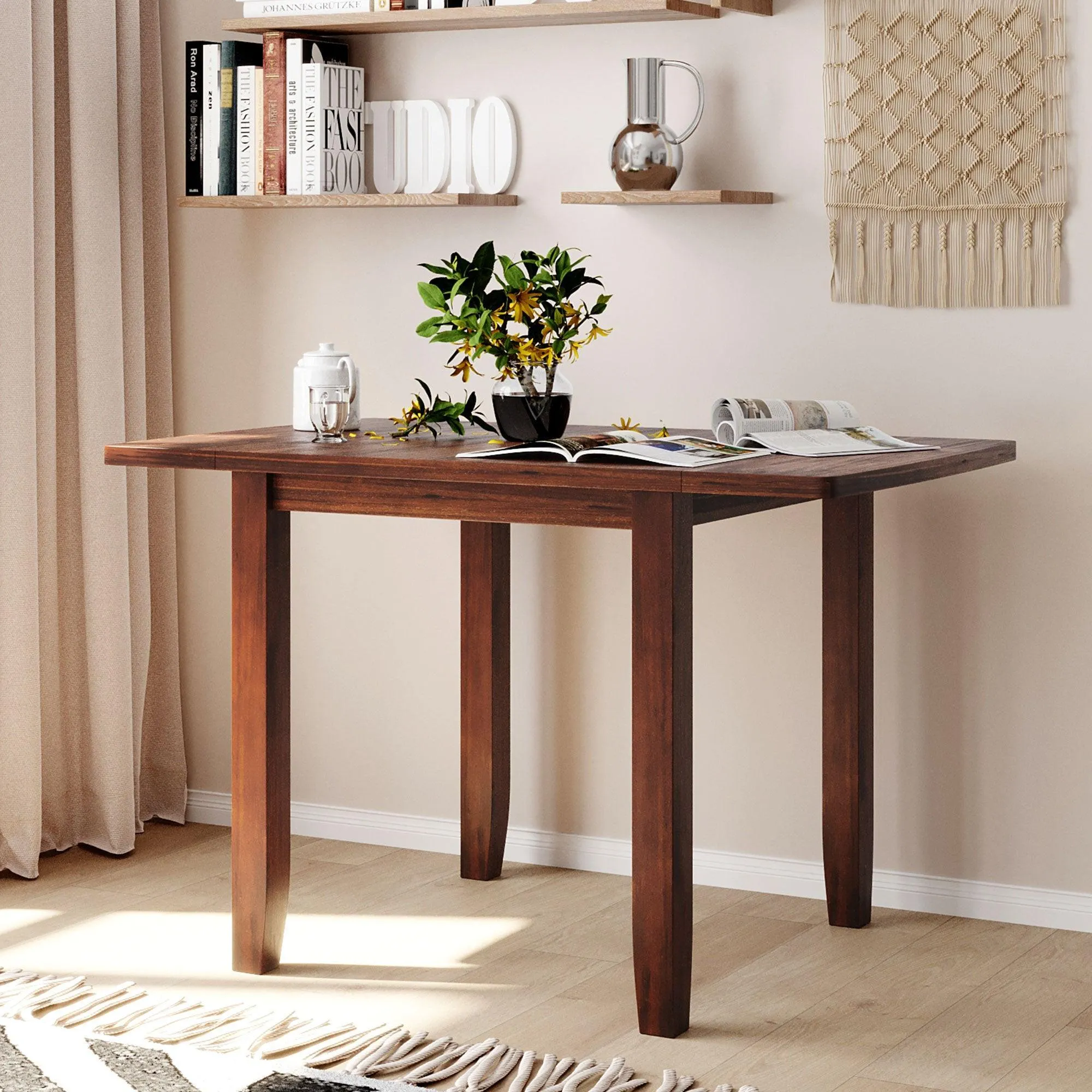 3-Piece Wood Drop Leaf Breakfast Nook Dining Table Set with 2 X-back Chairs for Small Places, Brown