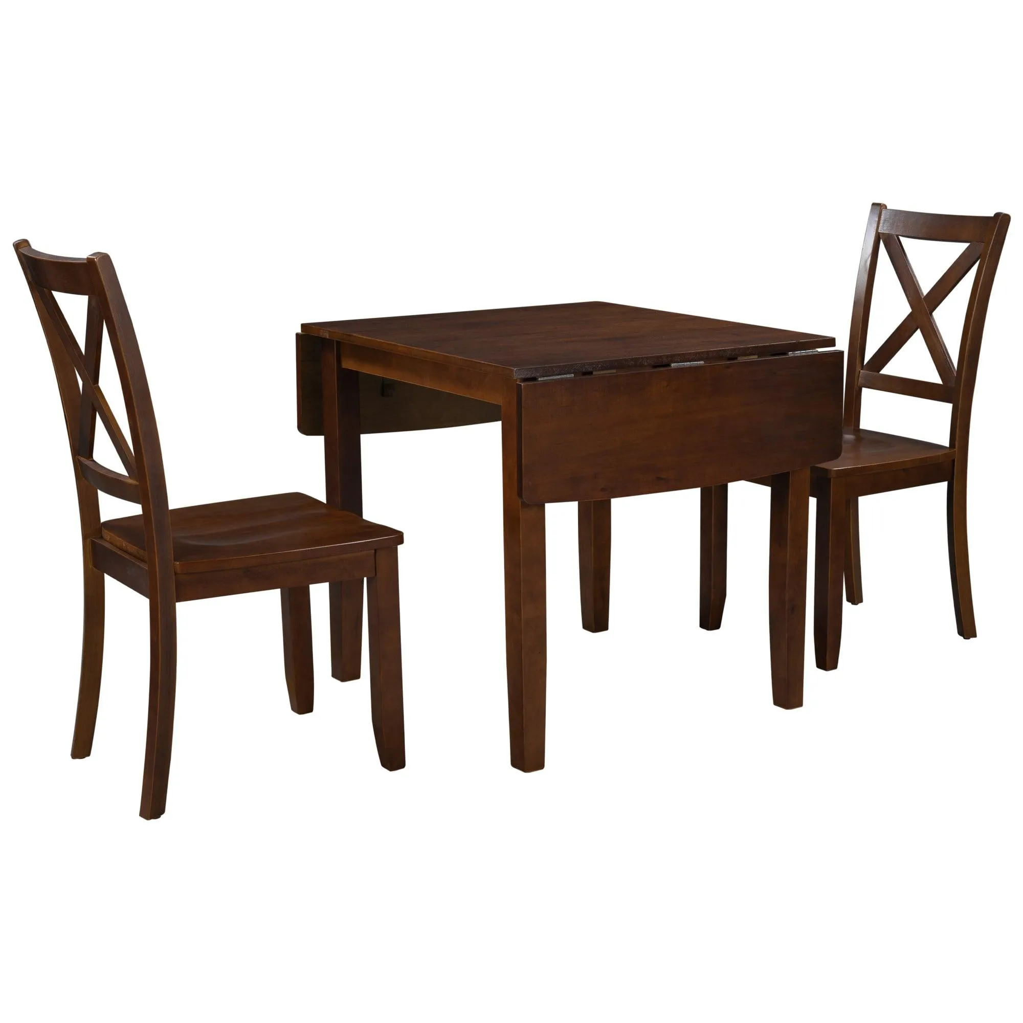 3-Piece Wood Drop Leaf Breakfast Nook Dining Table Set with 2 X-back Chairs for Small Places, Brown