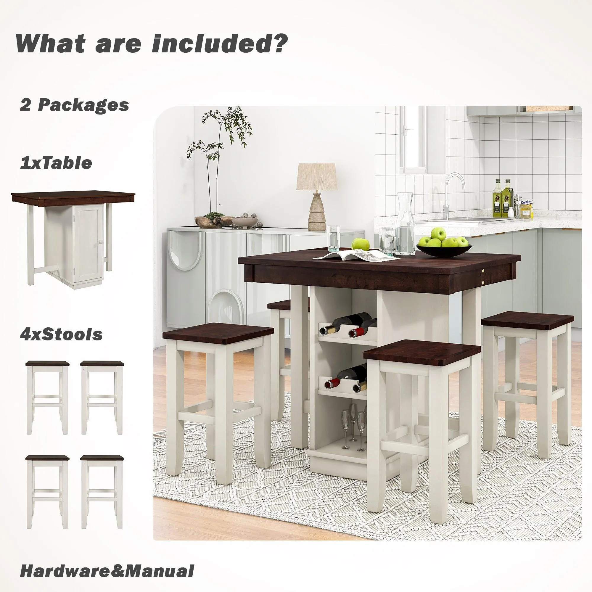 5-pieces Counter Height Dining Sets, Square Wood Table with 3-Tier Adjustable Storage Shelves and Wine Racks