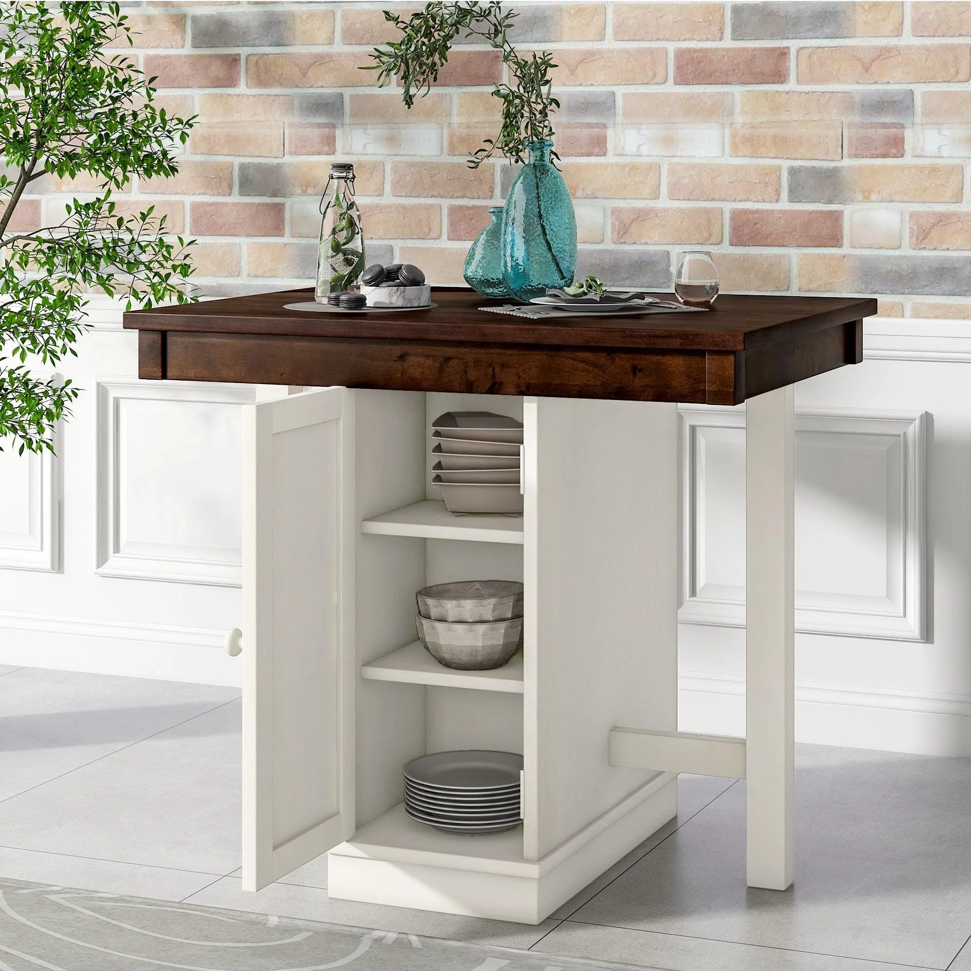 5-pieces Counter Height Dining Sets, Square Wood Table with 3-Tier Adjustable Storage Shelves and Wine Racks