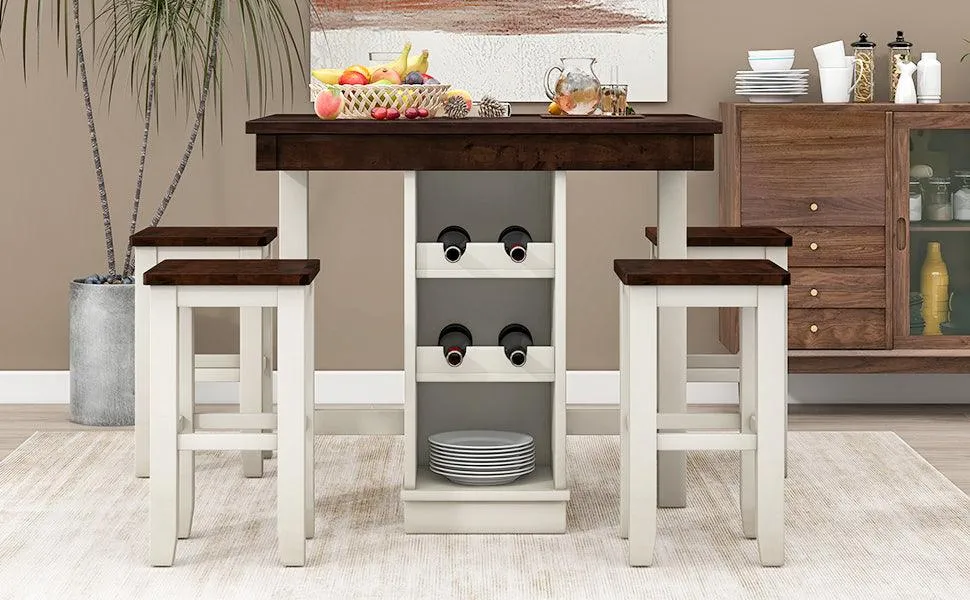 5-pieces Counter Height Dining Sets, Square Wood Table with 3-Tier Adjustable Storage Shelves and Wine Racks