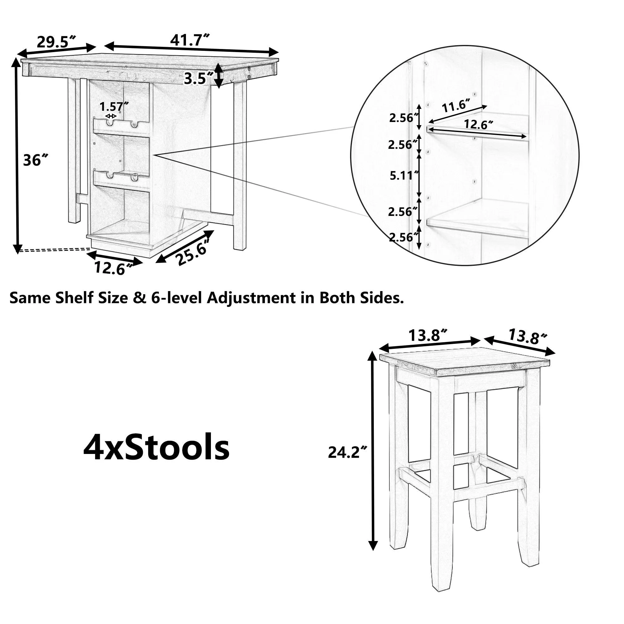 5-pieces Counter Height Dining Sets, Square Wood Table with 3-Tier Adjustable Storage Shelves and Wine Racks