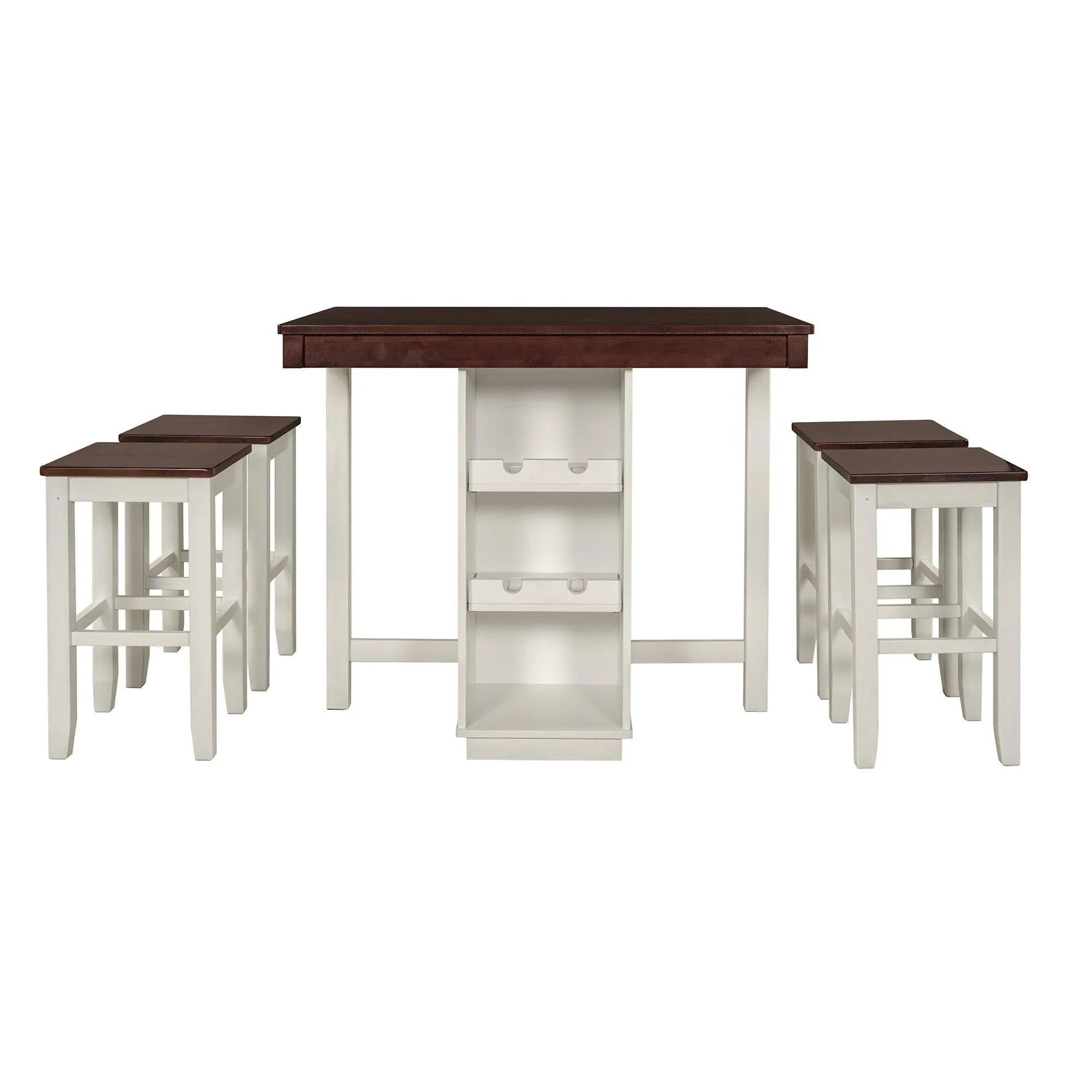 5-pieces Counter Height Dining Sets, Square Wood Table with 3-Tier Adjustable Storage Shelves and Wine Racks