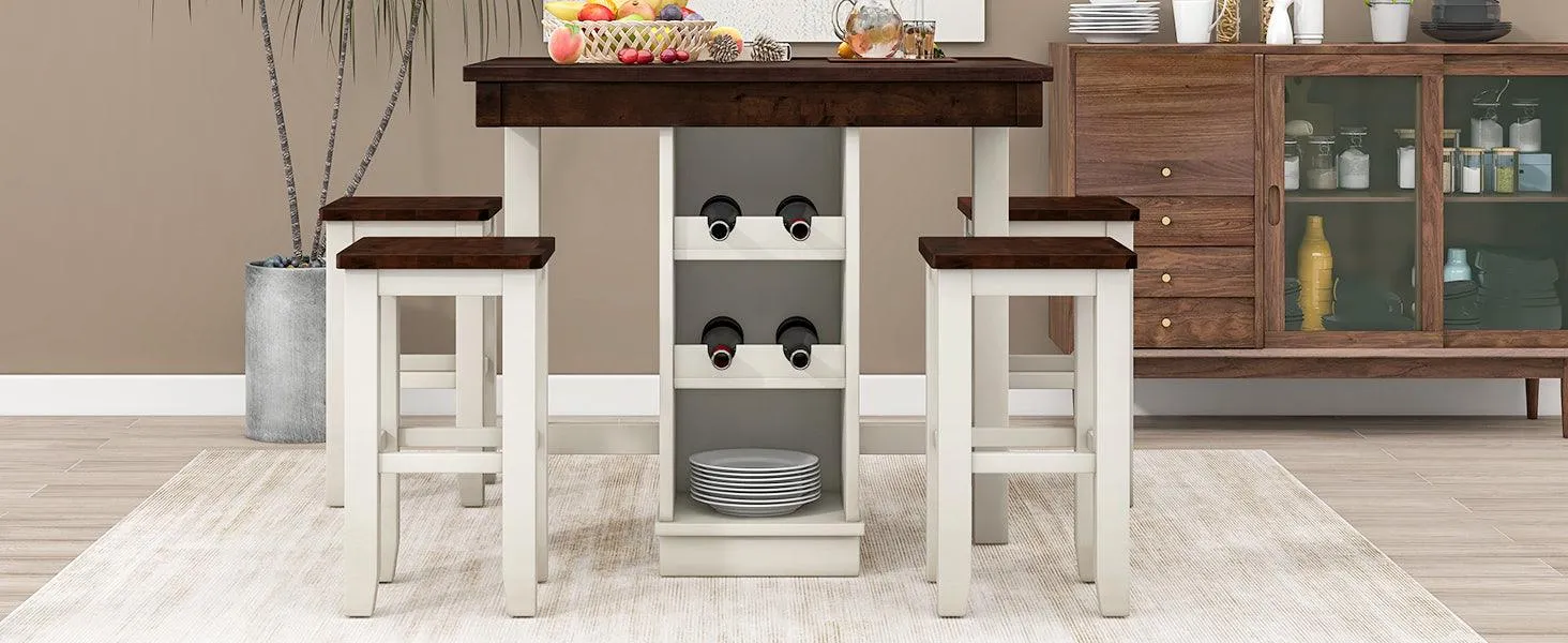 5-pieces Counter Height Dining Sets, Square Wood Table with 3-Tier Adjustable Storage Shelves and Wine Racks