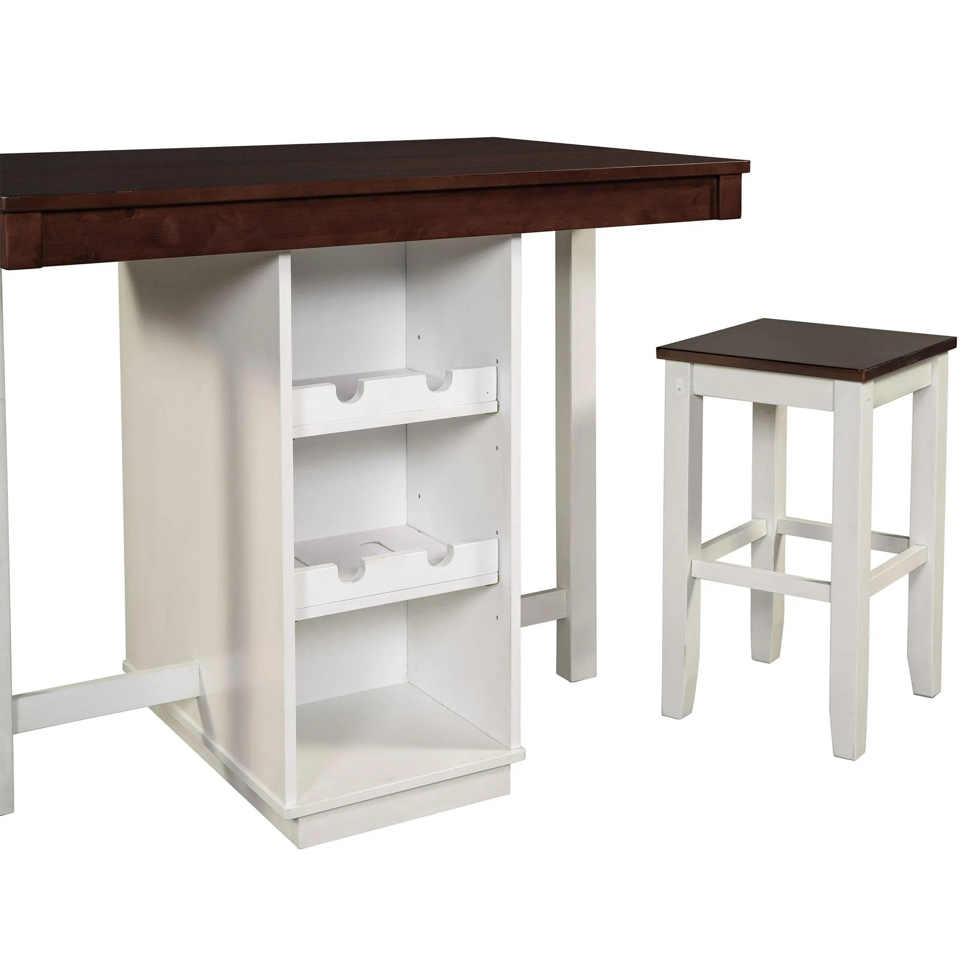 5-pieces Counter Height Dining Sets, Square Wood Table with 3-Tier Adjustable Storage Shelves and Wine Racks