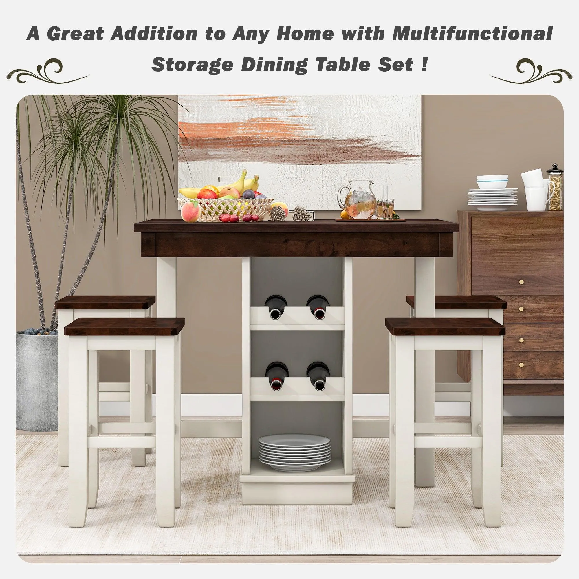 5-pieces Counter Height Dining Sets, Square Wood Table with 3-Tier Adjustable Storage Shelves and Wine Racks