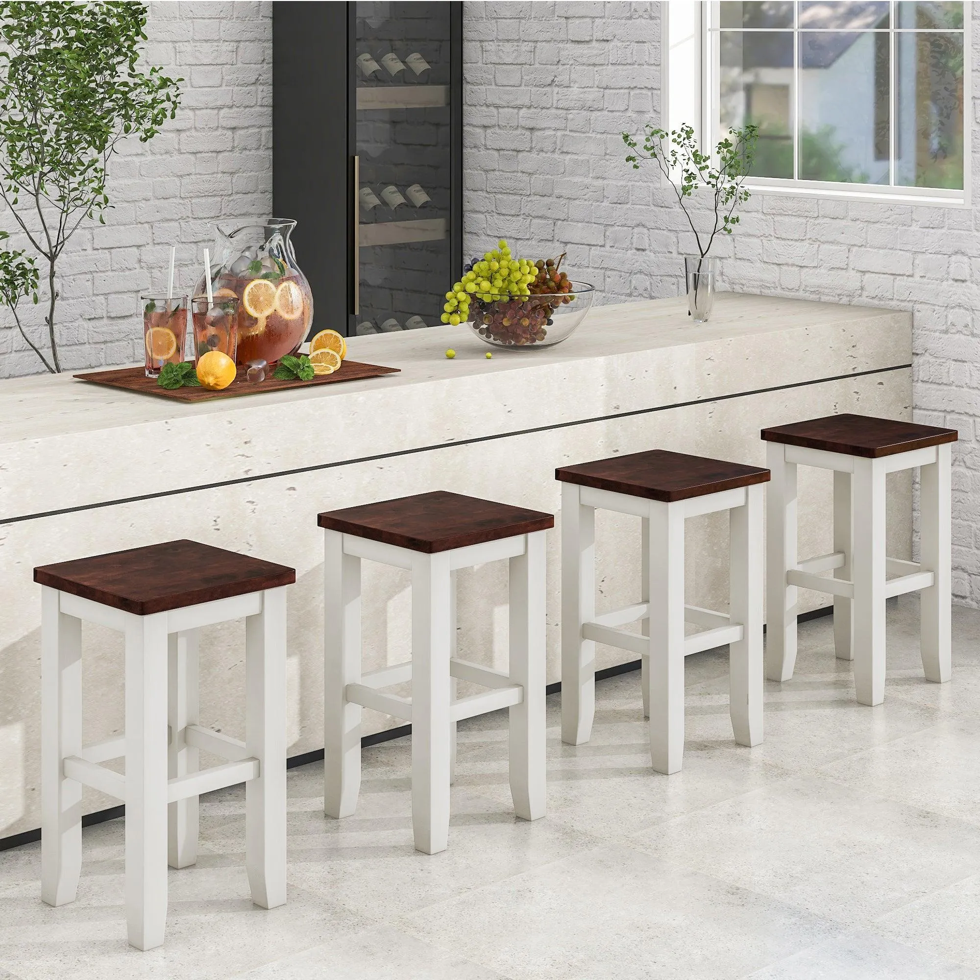 5-pieces Counter Height Dining Sets, Square Wood Table with 3-Tier Adjustable Storage Shelves and Wine Racks