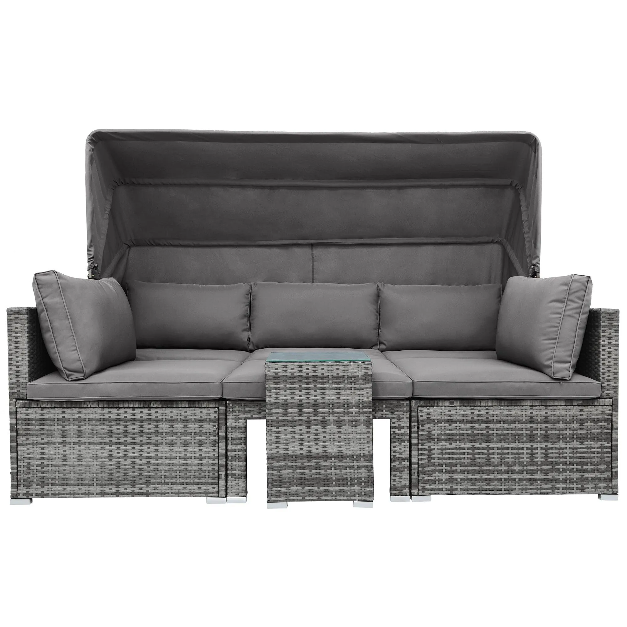 5 Pieces Outdoor Sectional Patio Rattan Sofa Set Rattan Daybed , PE Wicker Conversation Furniture Set w/ Canopy and Tempered Glass Side Table, Gray