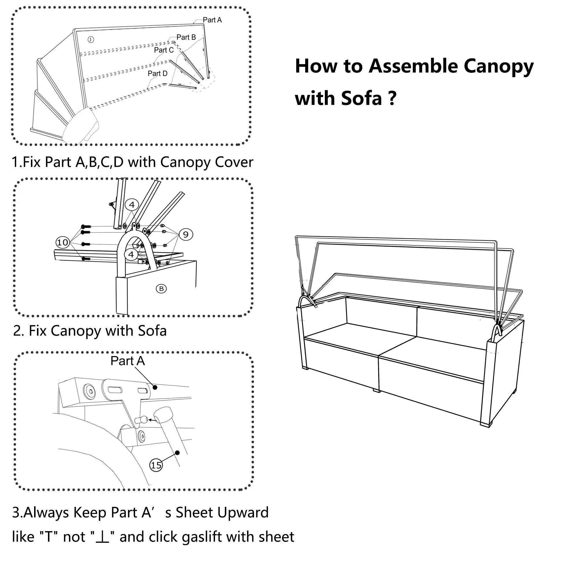 5 Pieces Outdoor Sectional Patio Rattan Sofa Set Rattan Daybed , PE Wicker Conversation Furniture Set w/ Canopy and Tempered Glass Side Table, Gray