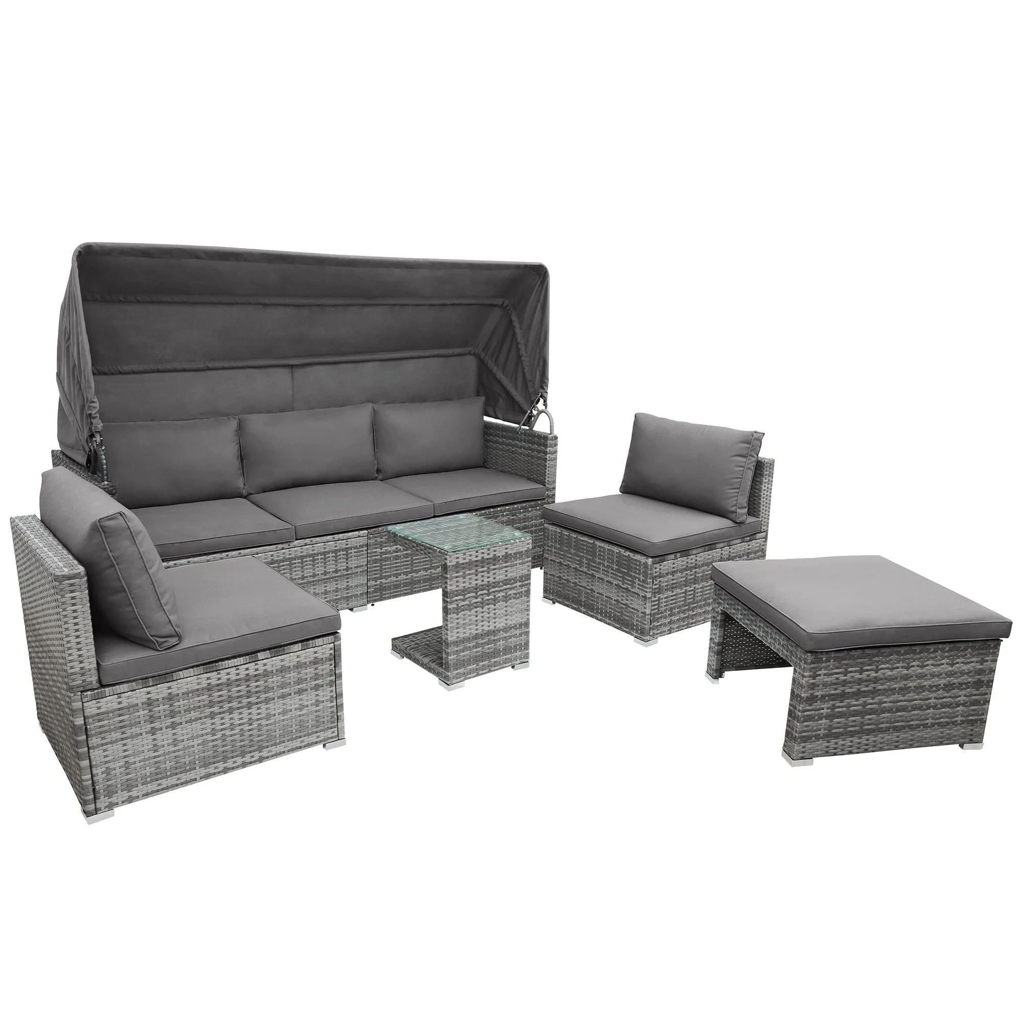 5 Pieces Outdoor Sectional Patio Rattan Sofa Set Rattan Daybed , PE Wicker Conversation Furniture Set w/ Canopy and Tempered Glass Side Table, Gray