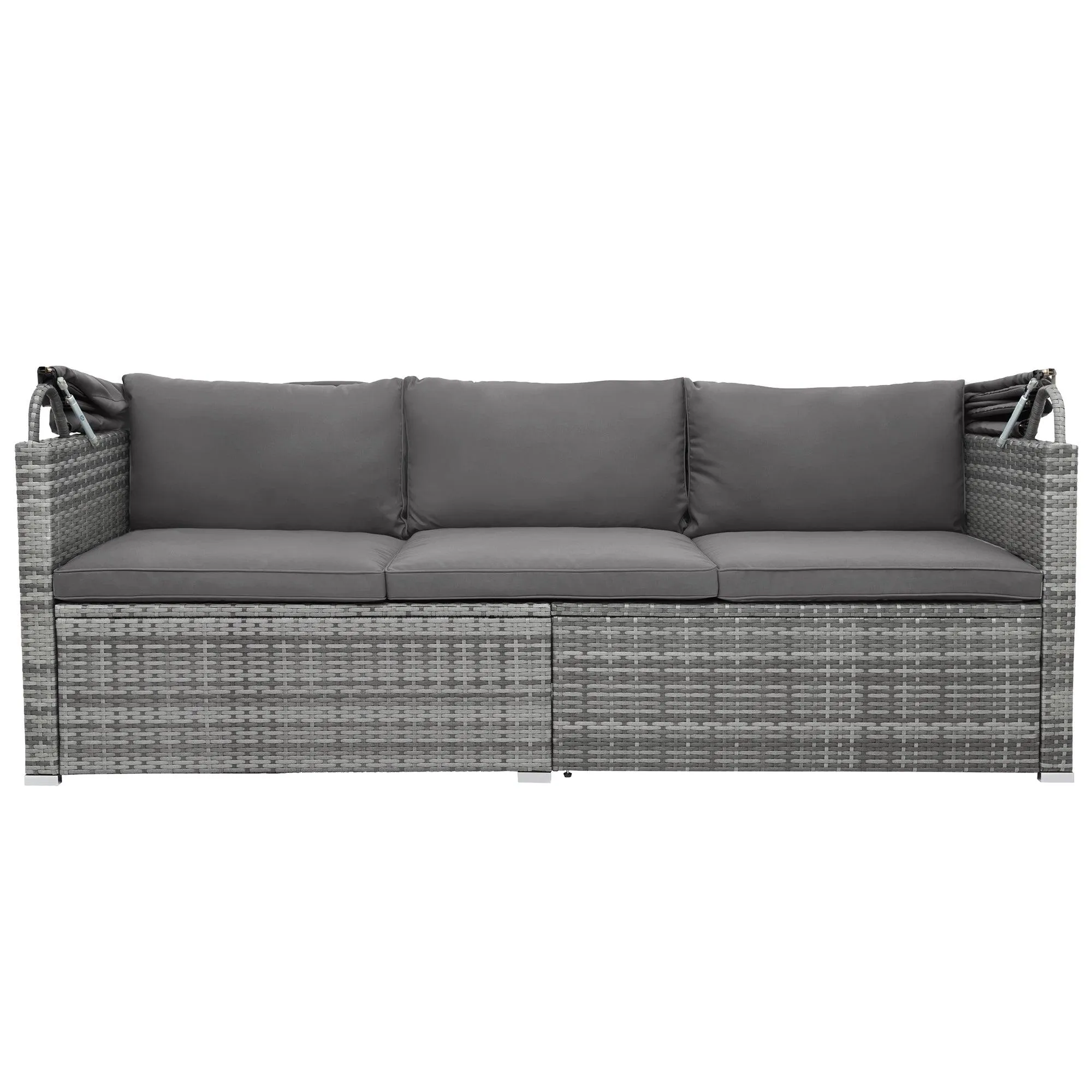 5 Pieces Outdoor Sectional Patio Rattan Sofa Set Rattan Daybed , PE Wicker Conversation Furniture Set w/ Canopy and Tempered Glass Side Table, Gray