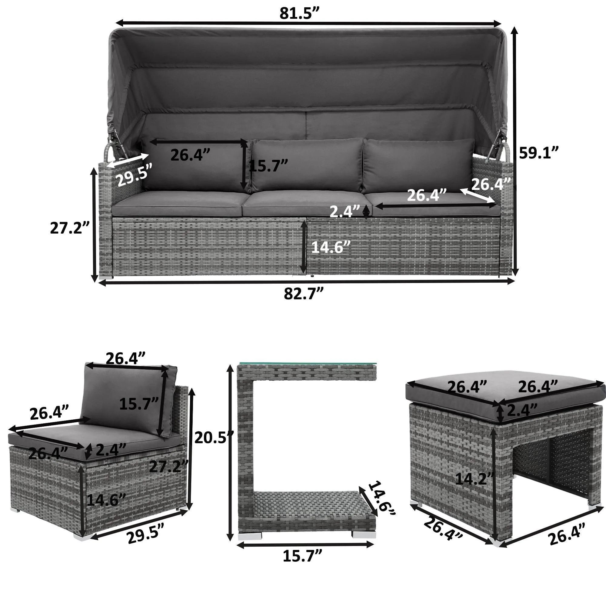 5 Pieces Outdoor Sectional Patio Rattan Sofa Set Rattan Daybed , PE Wicker Conversation Furniture Set w/ Canopy and Tempered Glass Side Table, Gray