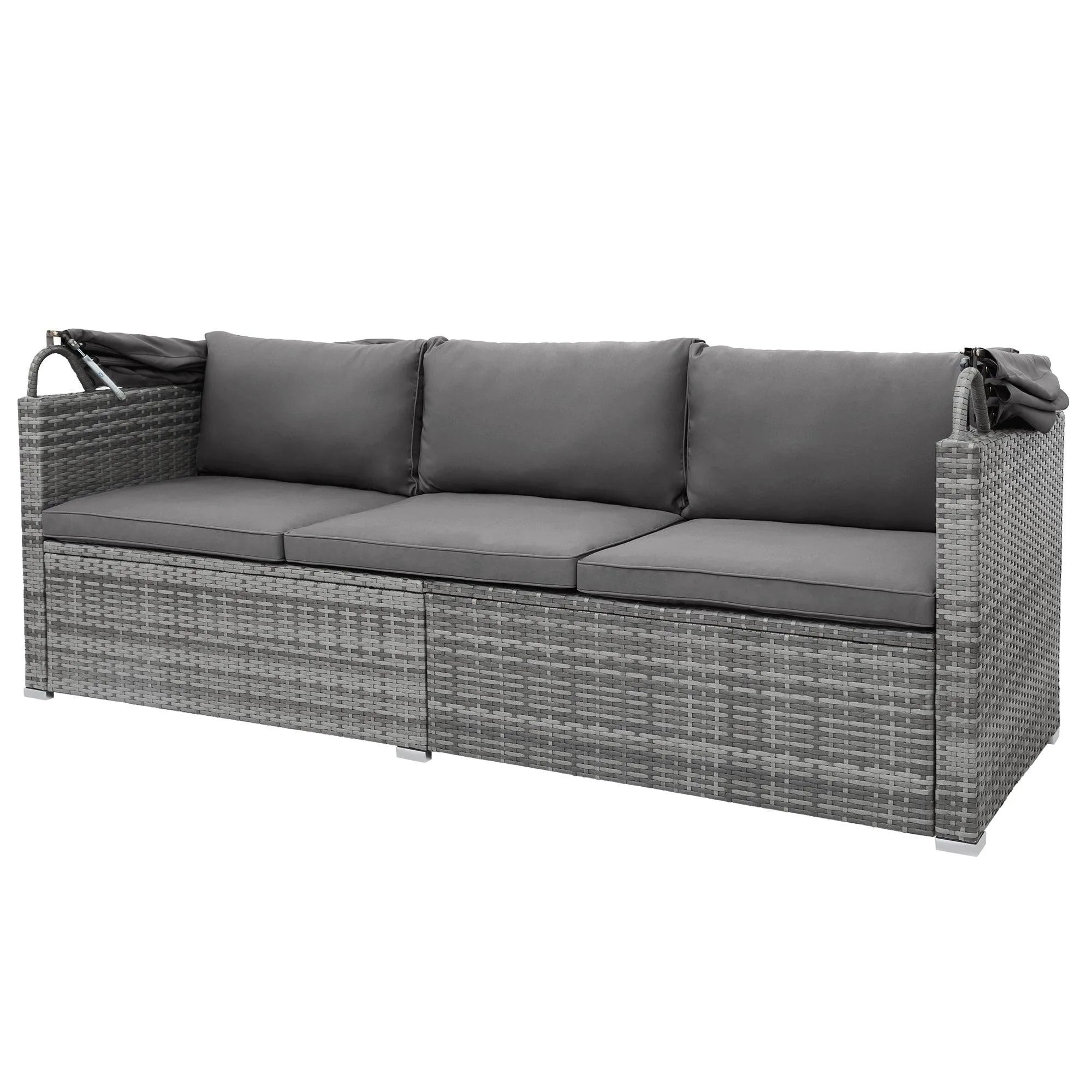 5 Pieces Outdoor Sectional Patio Rattan Sofa Set Rattan Daybed , PE Wicker Conversation Furniture Set w/ Canopy and Tempered Glass Side Table, Gray