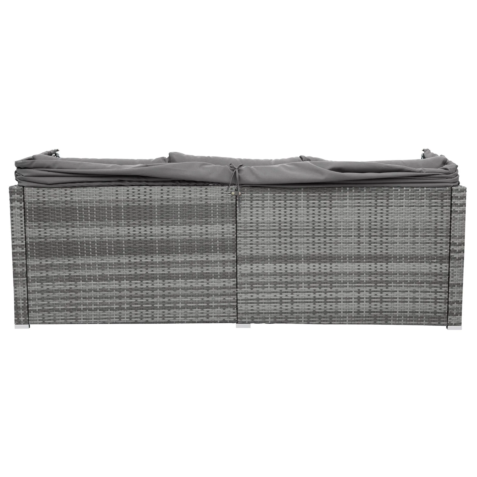 5 Pieces Outdoor Sectional Patio Rattan Sofa Set Rattan Daybed , PE Wicker Conversation Furniture Set w/ Canopy and Tempered Glass Side Table, Gray