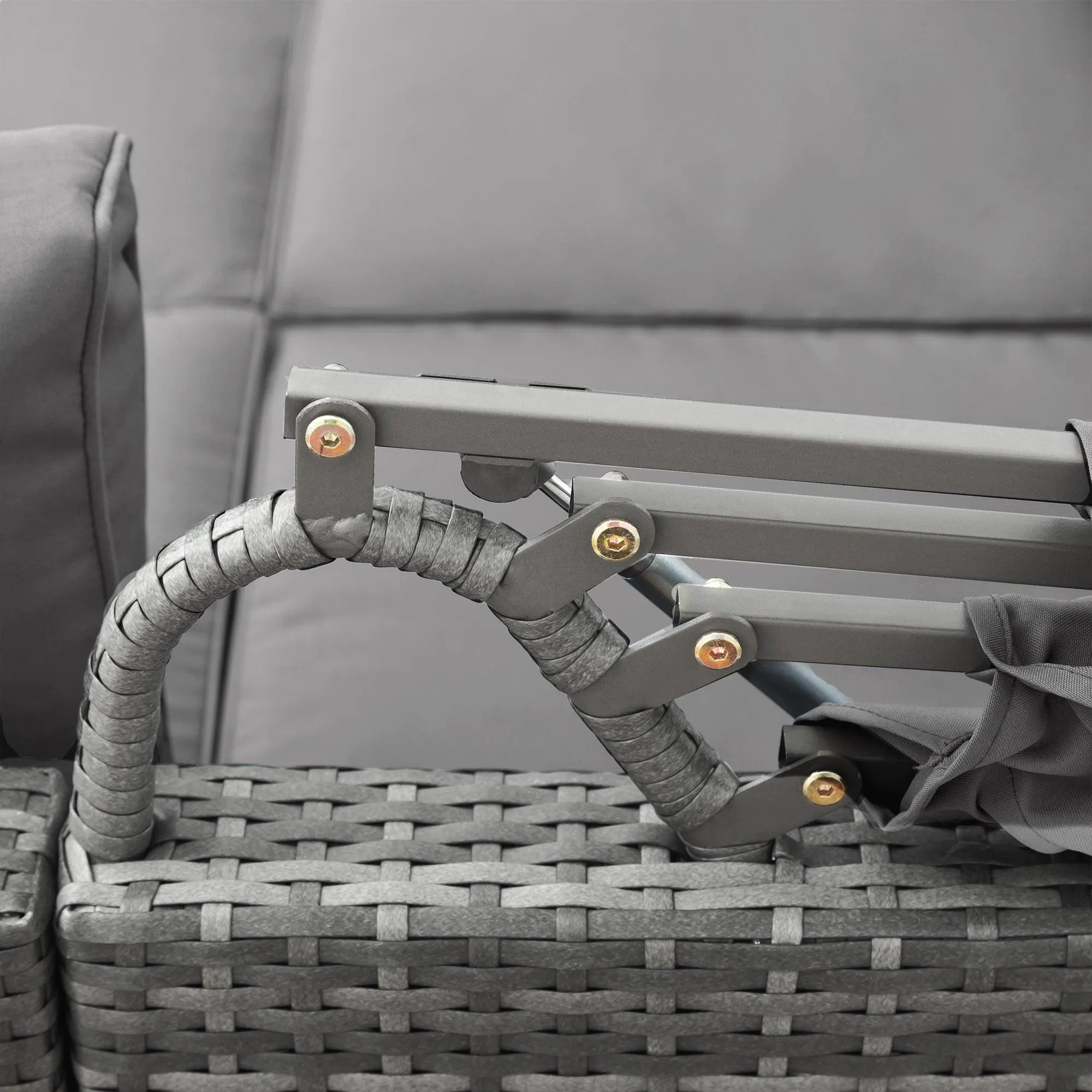 5 Pieces Outdoor Sectional Patio Rattan Sofa Set Rattan Daybed , PE Wicker Conversation Furniture Set w/ Canopy and Tempered Glass Side Table, Gray