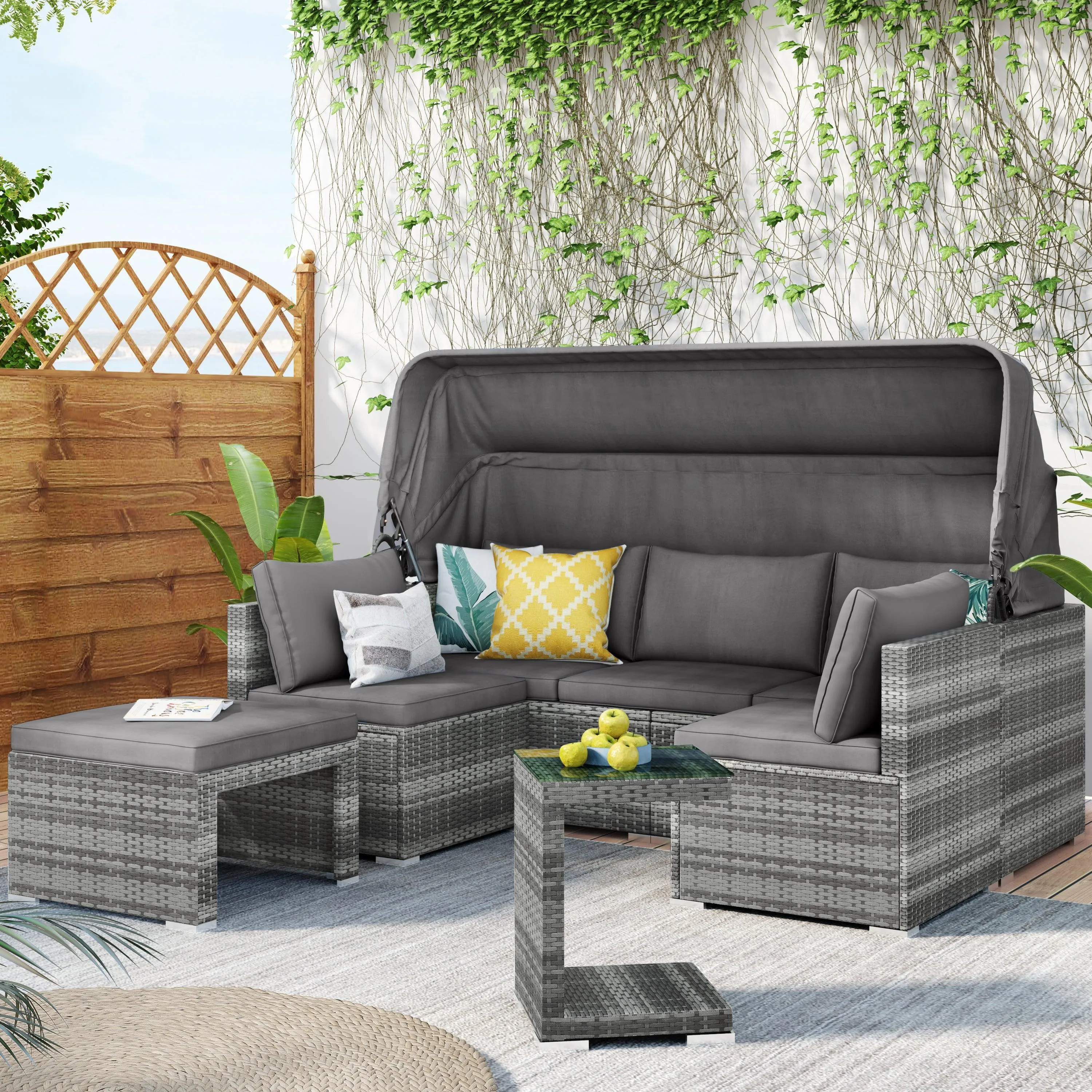 5 Pieces Outdoor Sectional Patio Rattan Sofa Set Rattan Daybed , PE Wicker Conversation Furniture Set w/ Canopy and Tempered Glass Side Table, Gray