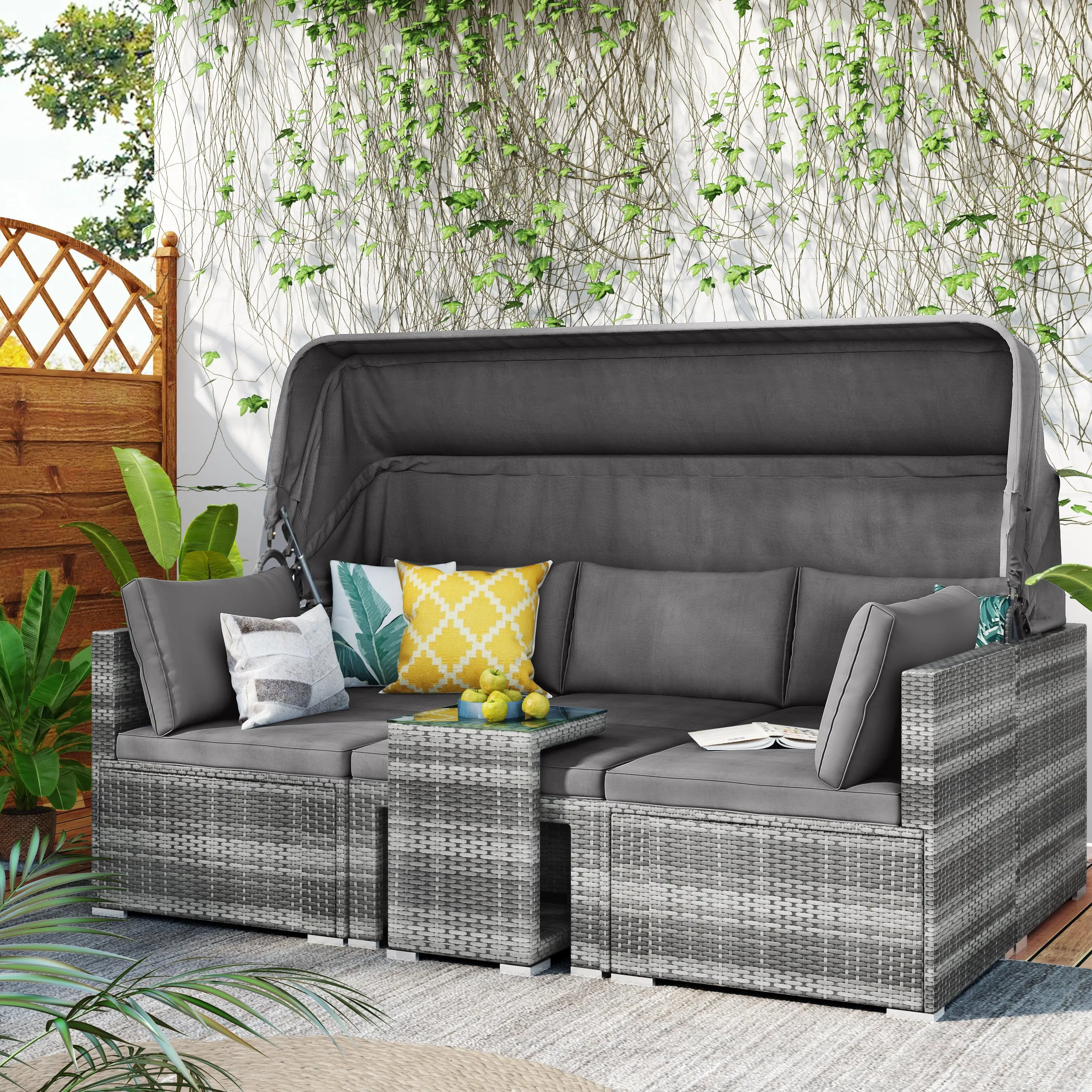 5 Pieces Outdoor Sectional Patio Rattan Sofa Set Rattan Daybed , PE Wicker Conversation Furniture Set w/ Canopy and Tempered Glass Side Table, Gray