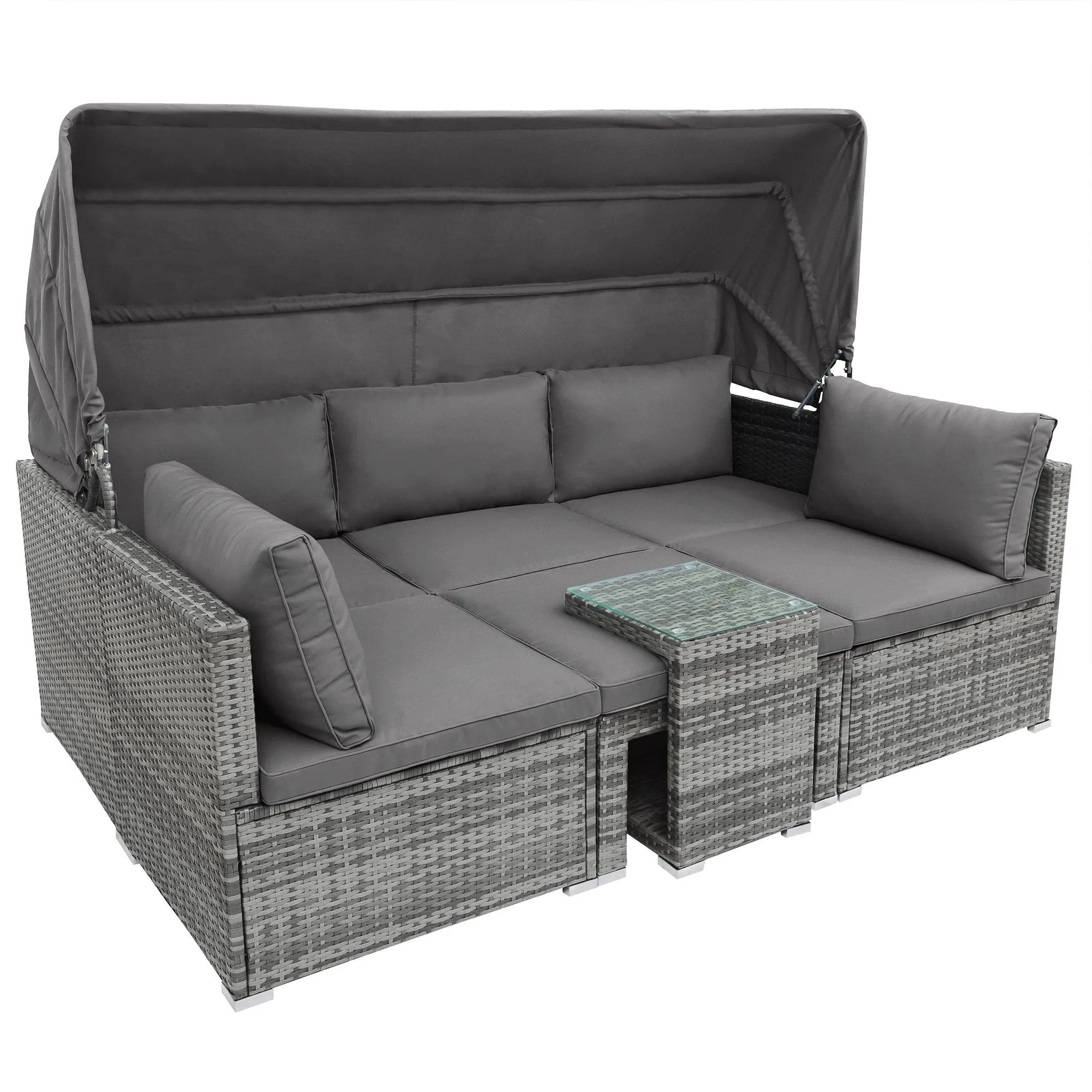 5 Pieces Outdoor Sectional Patio Rattan Sofa Set Rattan Daybed , PE Wicker Conversation Furniture Set w/ Canopy and Tempered Glass Side Table, Gray