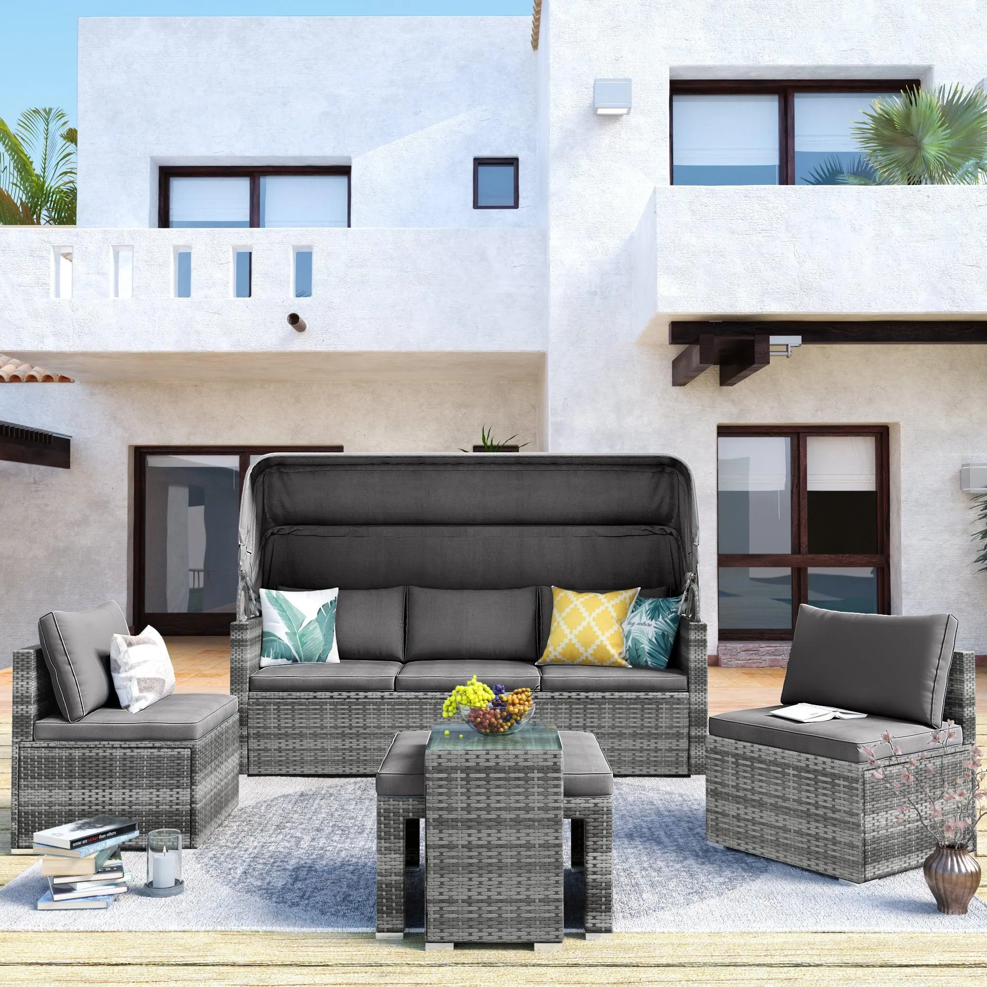 5 Pieces Outdoor Sectional Patio Rattan Sofa Set Rattan Daybed , PE Wicker Conversation Furniture Set w/ Canopy and Tempered Glass Side Table, Gray
