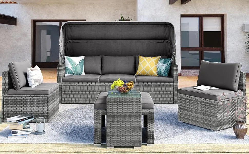 5 Pieces Outdoor Sectional Patio Rattan Sofa Set Rattan Daybed , PE Wicker Conversation Furniture Set w/ Canopy and Tempered Glass Side Table, Gray