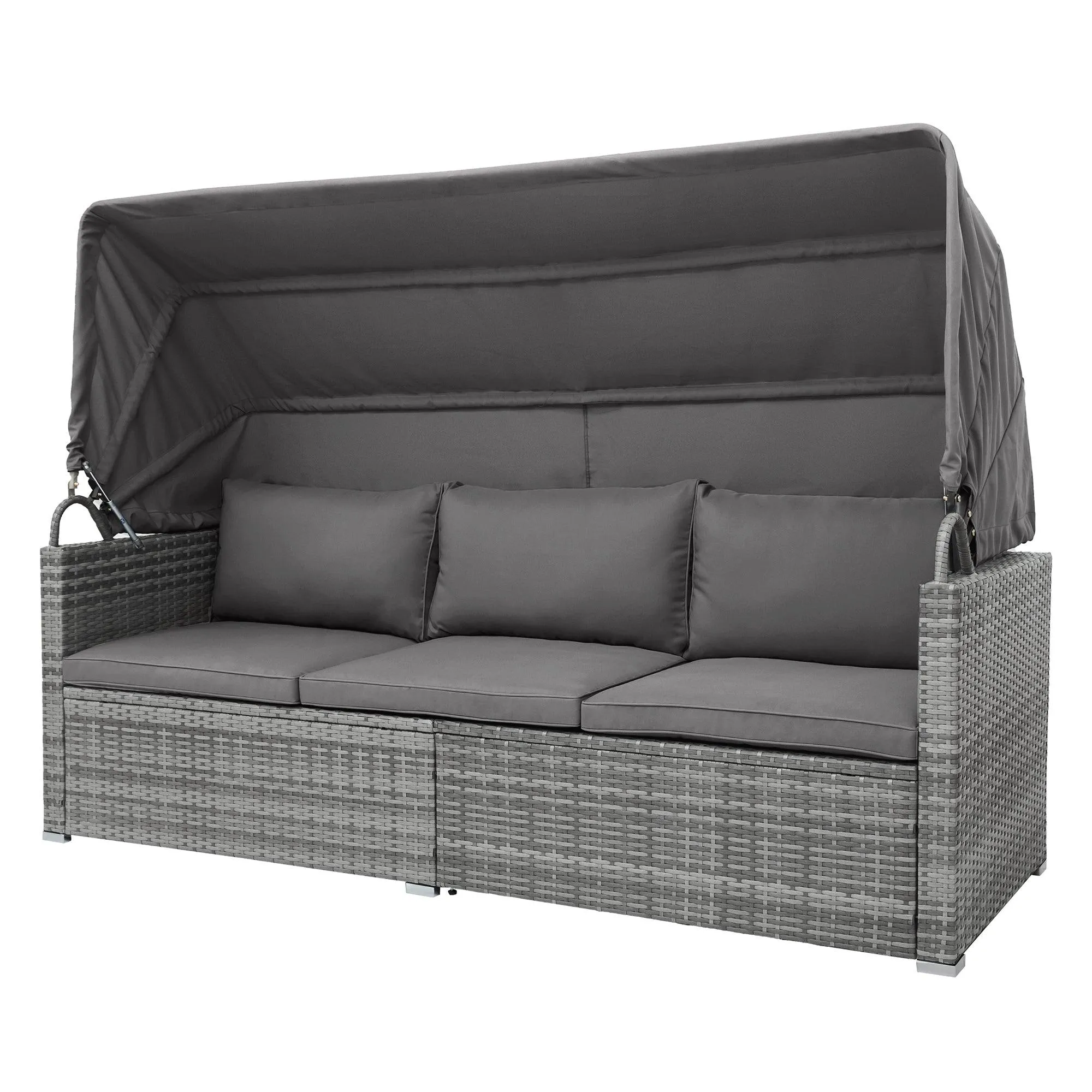 5 Pieces Outdoor Sectional Patio Rattan Sofa Set Rattan Daybed , PE Wicker Conversation Furniture Set w/ Canopy and Tempered Glass Side Table, Gray