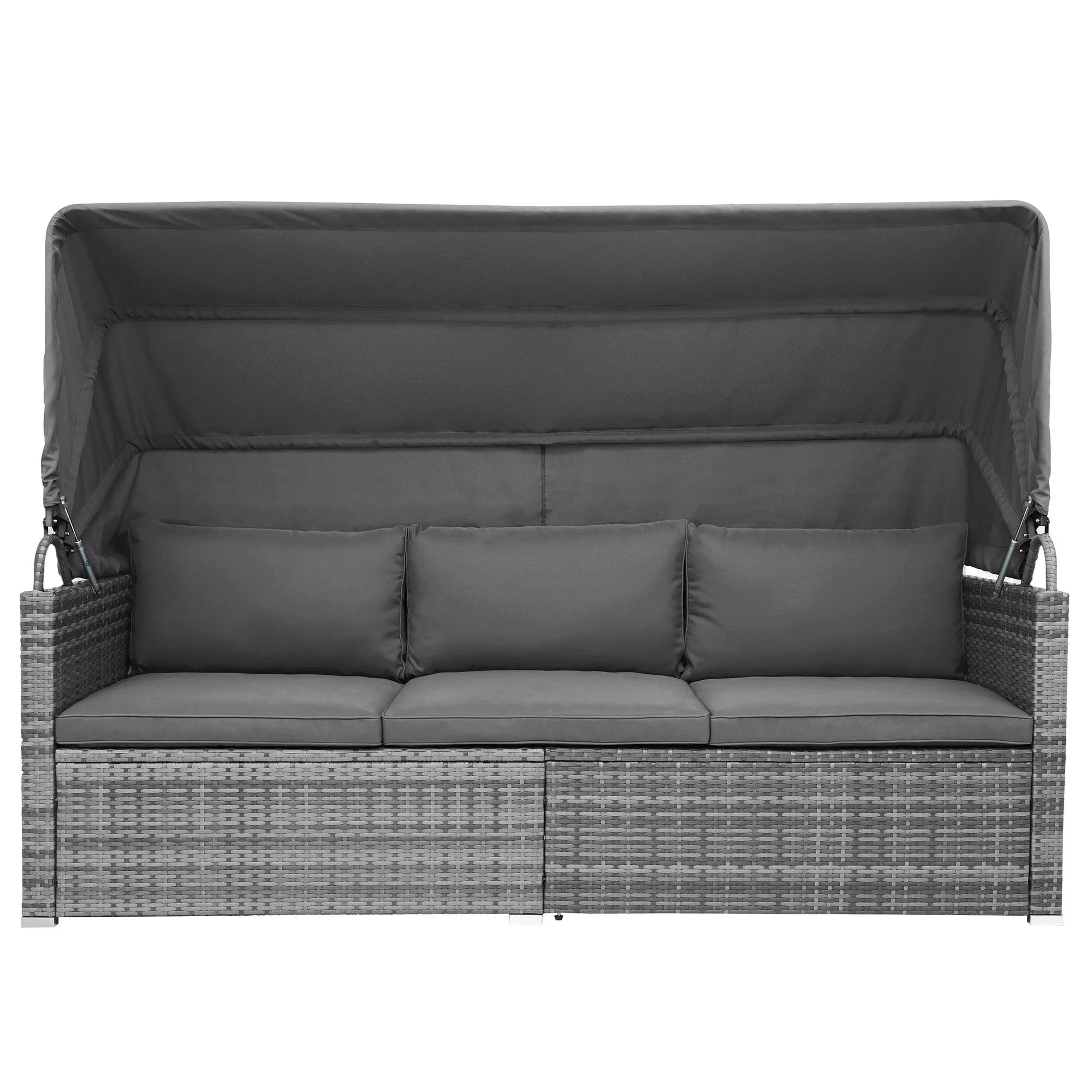 5 Pieces Outdoor Sectional Patio Rattan Sofa Set Rattan Daybed , PE Wicker Conversation Furniture Set w/ Canopy and Tempered Glass Side Table, Gray