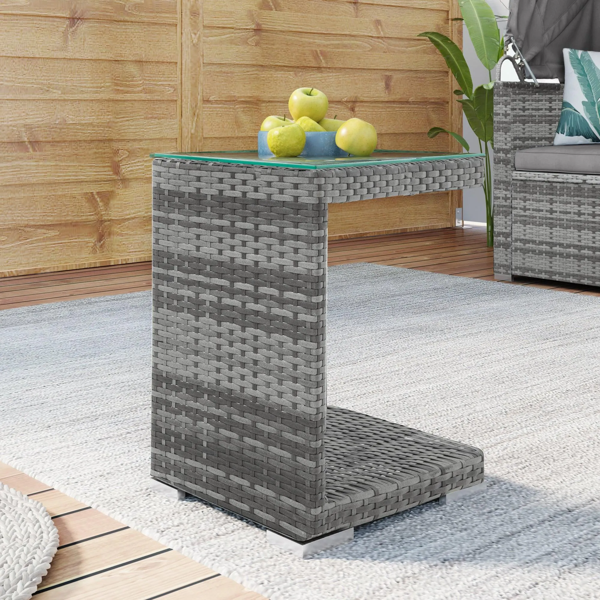 5 Pieces Outdoor Sectional Patio Rattan Sofa Set Rattan Daybed , PE Wicker Conversation Furniture Set w/ Canopy and Tempered Glass Side Table, Gray