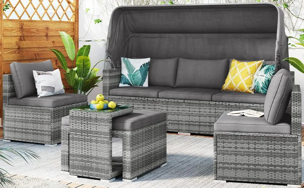 5 Pieces Outdoor Sectional Patio Rattan Sofa Set Rattan Daybed , PE Wicker Conversation Furniture Set w/ Canopy and Tempered Glass Side Table, Gray