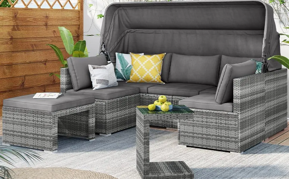 5 Pieces Outdoor Sectional Patio Rattan Sofa Set Rattan Daybed , PE Wicker Conversation Furniture Set w/ Canopy and Tempered Glass Side Table, Gray
