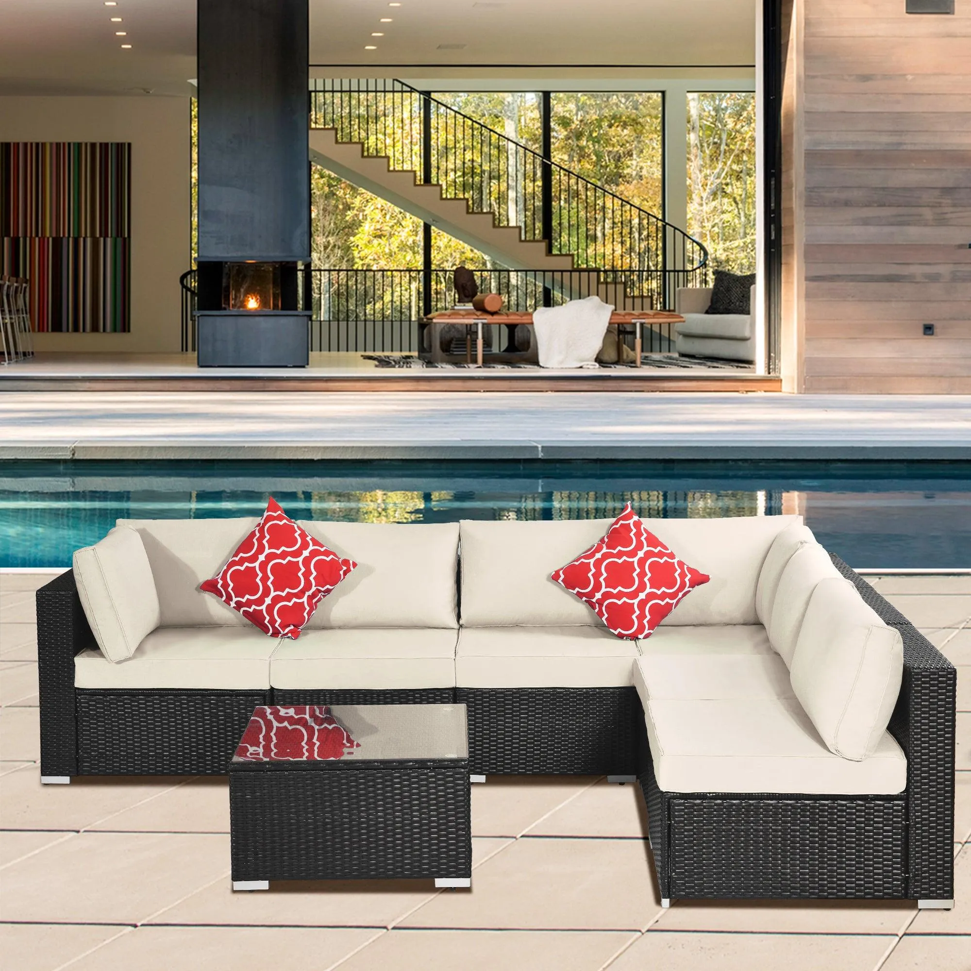 7-Piece Outdoor Patio Furniture Set, PE Rattan Wicker Sofa with Cushions and Coffee Table