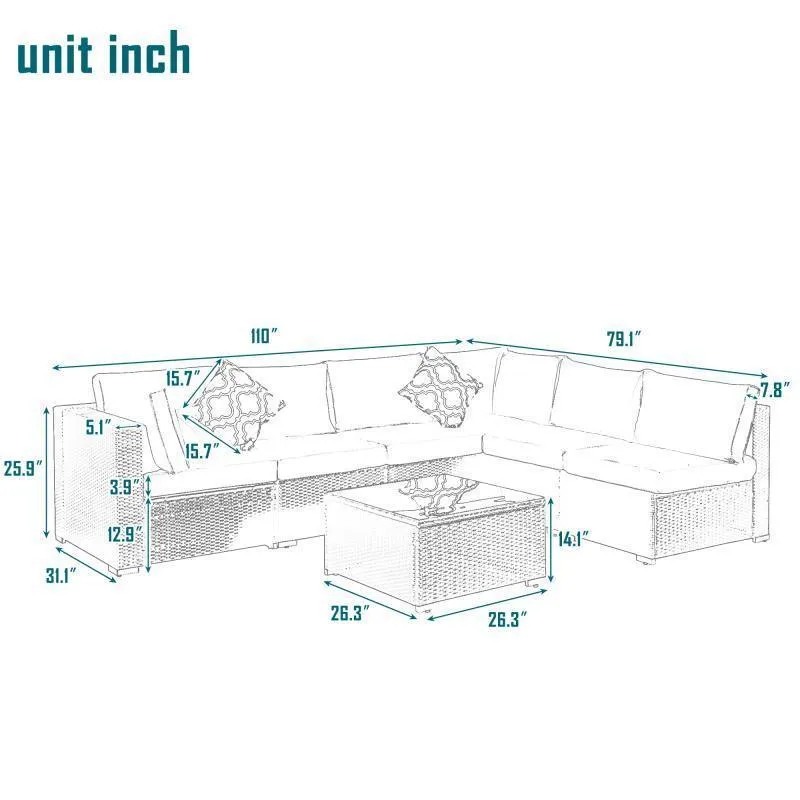 7-Piece Outdoor Patio Furniture Set, PE Rattan Wicker Sofa with Cushions and Coffee Table