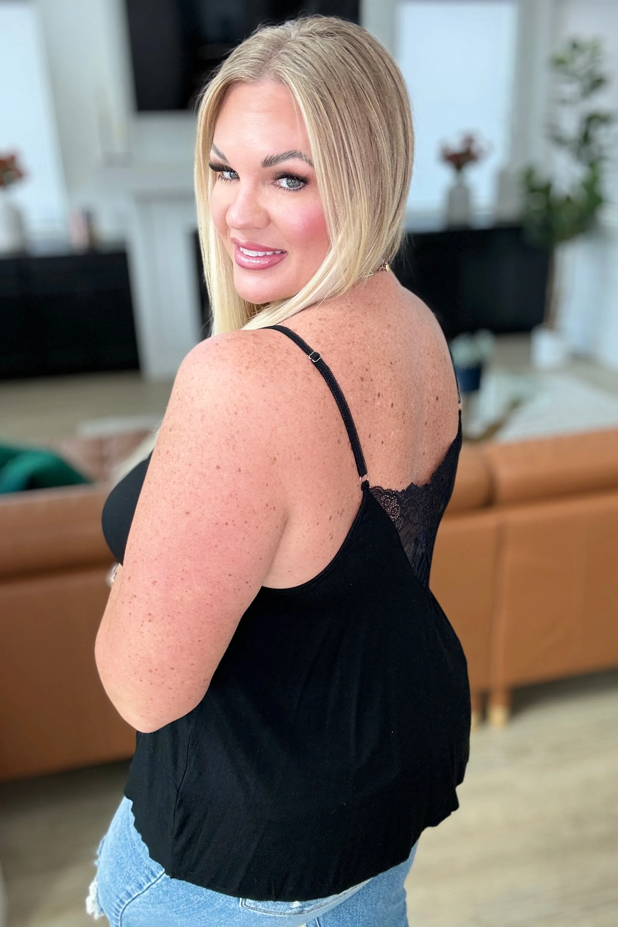 A Gleam in Her Eyes Lace Detail Cami in Black