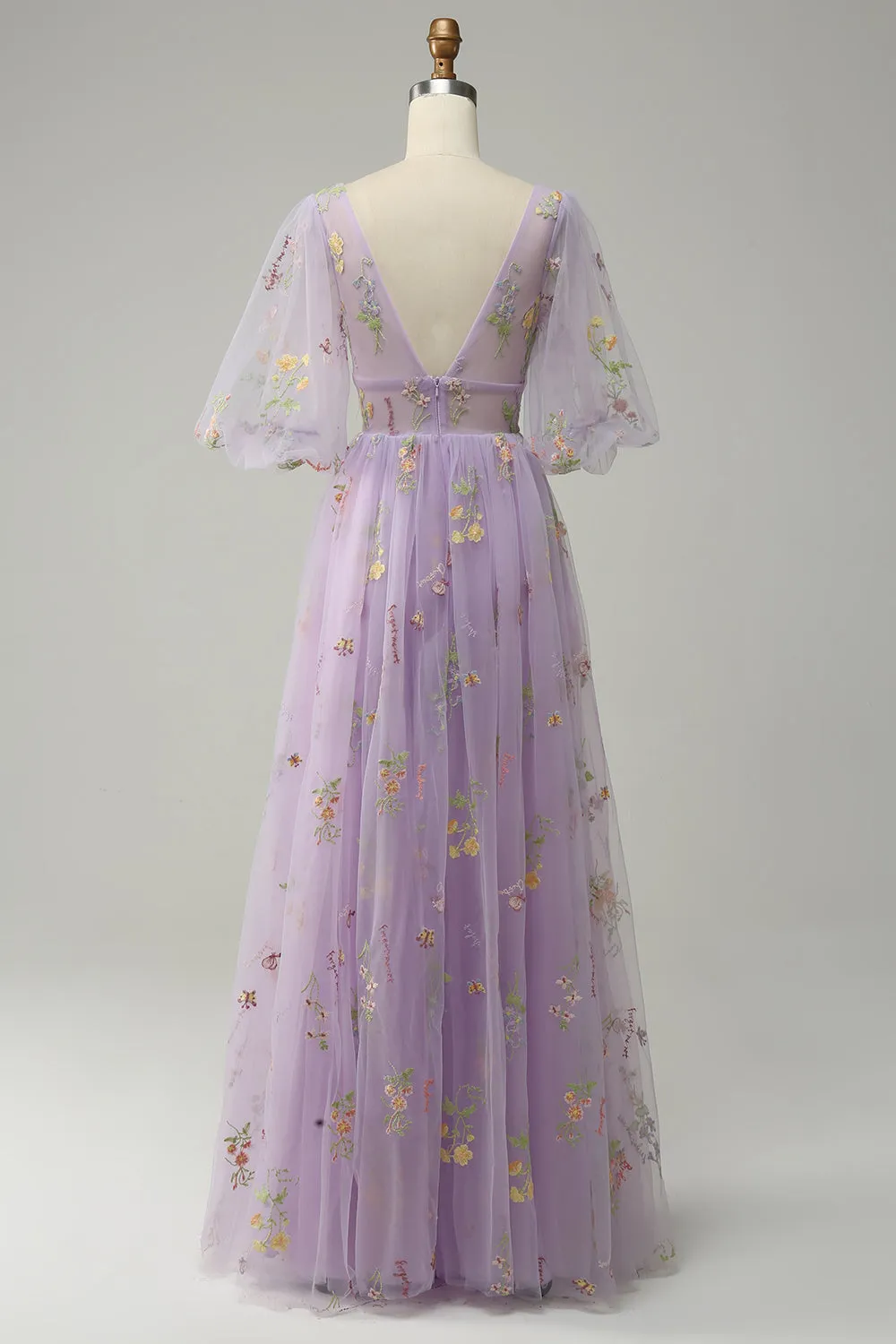 A-Line V-Neck Embroidery Lavender Long Prom Dress with Short Sleeves