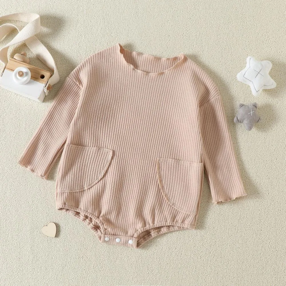 Autumn Solid Color Pocket Waffle Baby Romper Wholesale Baby Boutique Clothes