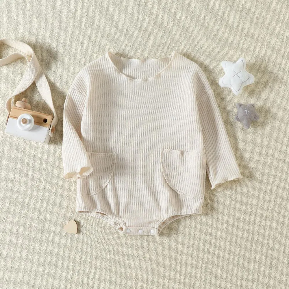 Autumn Solid Color Pocket Waffle Baby Romper Wholesale Baby Boutique Clothes