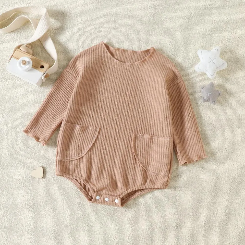 Autumn Solid Color Pocket Waffle Baby Romper Wholesale Baby Boutique Clothes