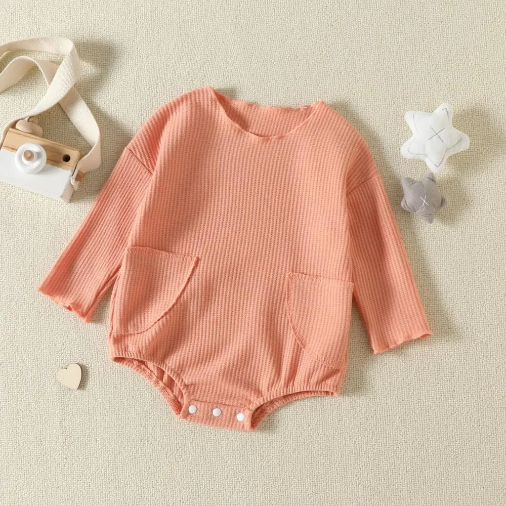 Autumn Solid Color Pocket Waffle Baby Romper Wholesale Baby Boutique Clothes