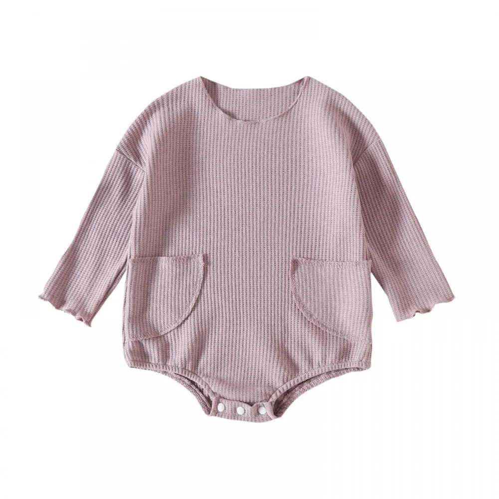 Autumn Solid Color Pocket Waffle Baby Romper Wholesale Baby Boutique Clothes