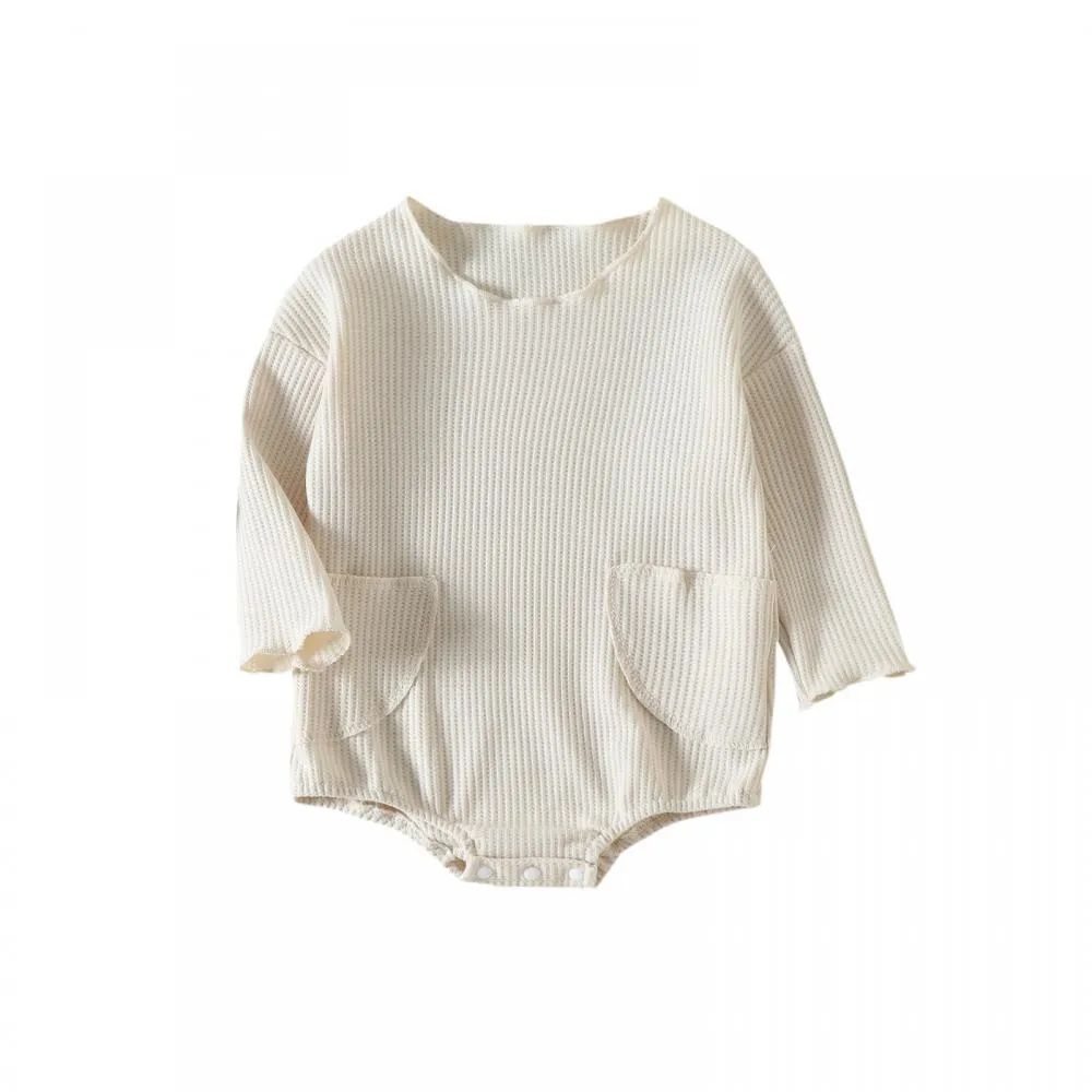 Autumn Solid Color Pocket Waffle Baby Romper Wholesale Baby Boutique Clothes