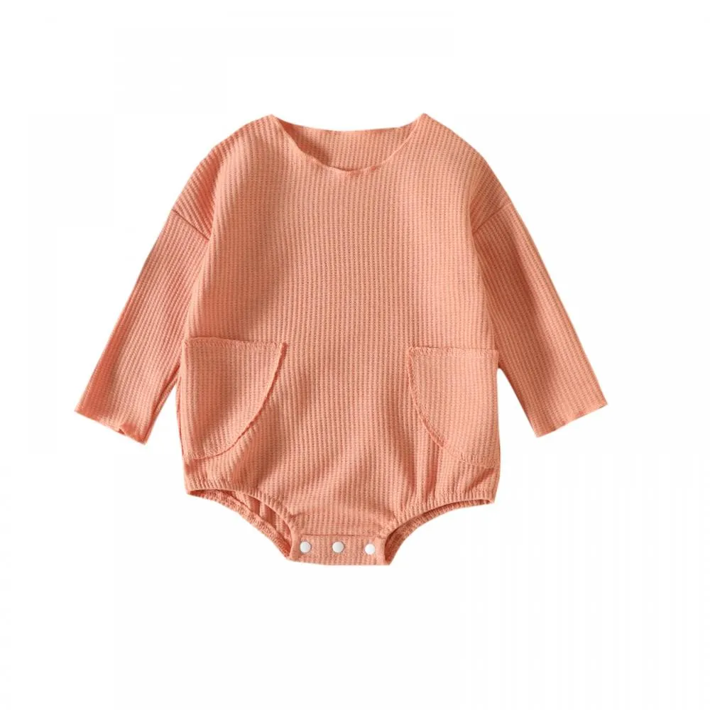 Autumn Solid Color Pocket Waffle Baby Romper Wholesale Baby Boutique Clothes