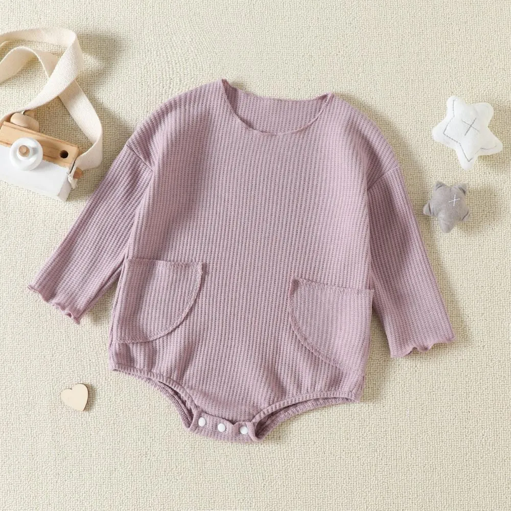 Autumn Solid Color Pocket Waffle Baby Romper Wholesale Baby Boutique Clothes