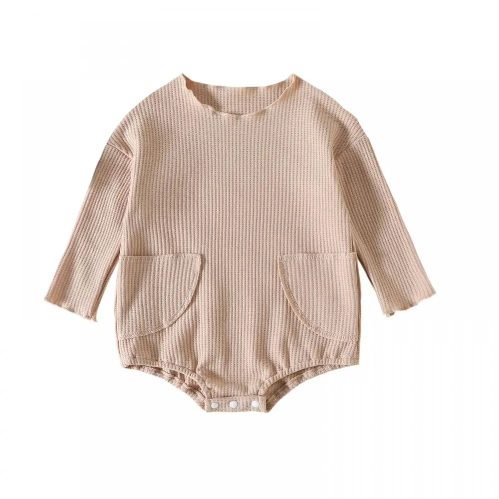 Autumn Solid Color Pocket Waffle Baby Romper Wholesale Baby Boutique Clothes
