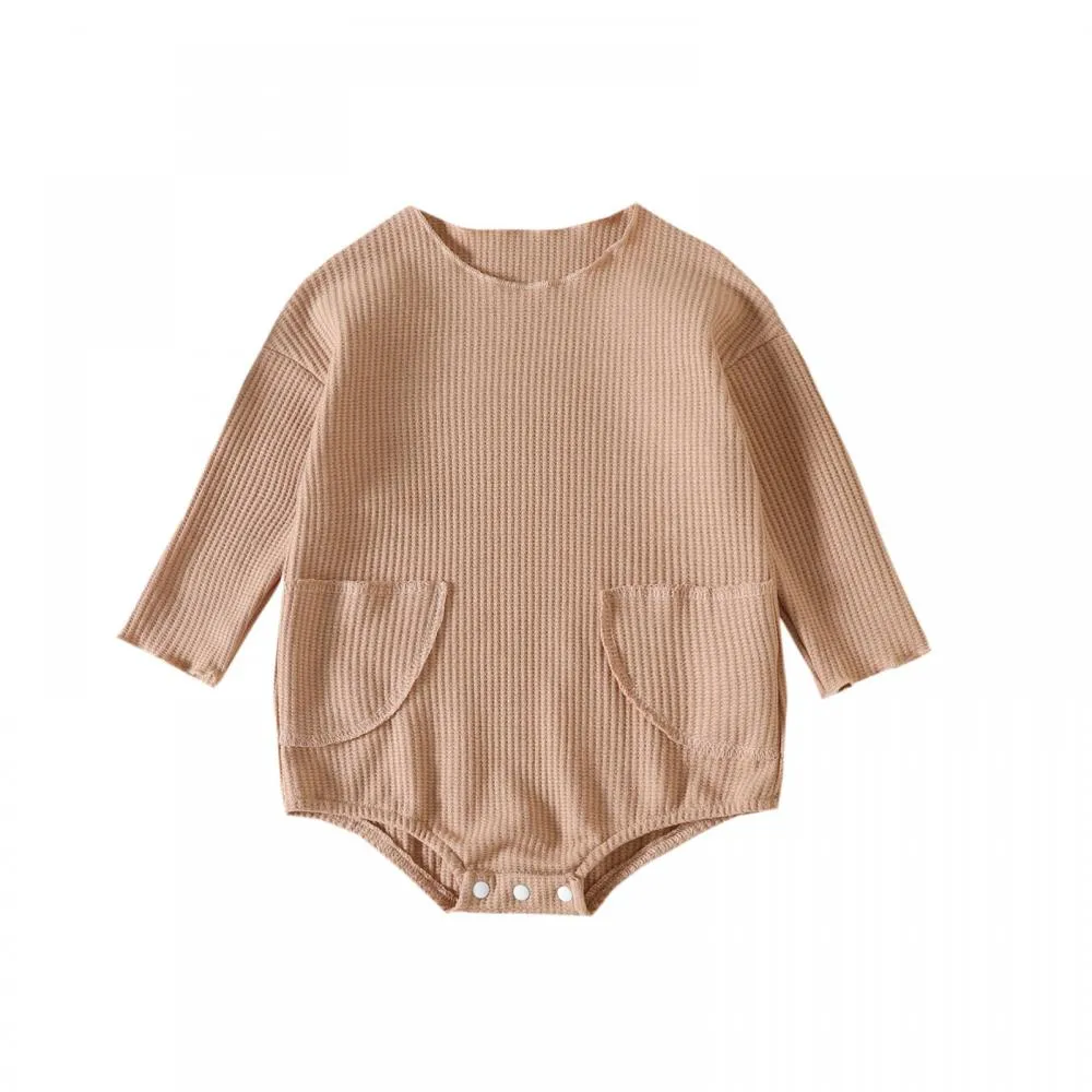 Autumn Solid Color Pocket Waffle Baby Romper Wholesale Baby Boutique Clothes